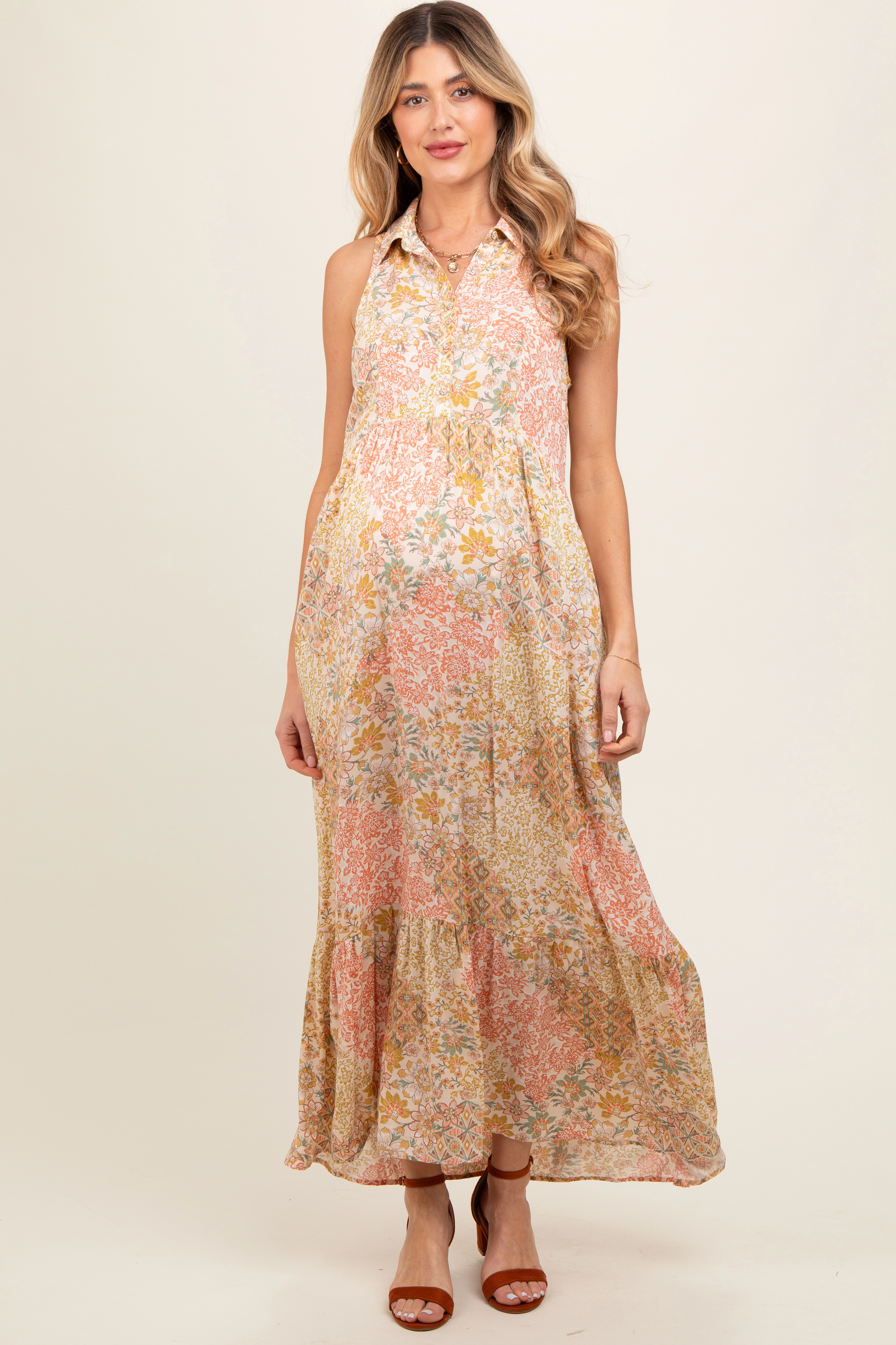 PinkBlush Womens Peach Floral Sleeveless Button Tiered Collared Maternity Maxi Dress