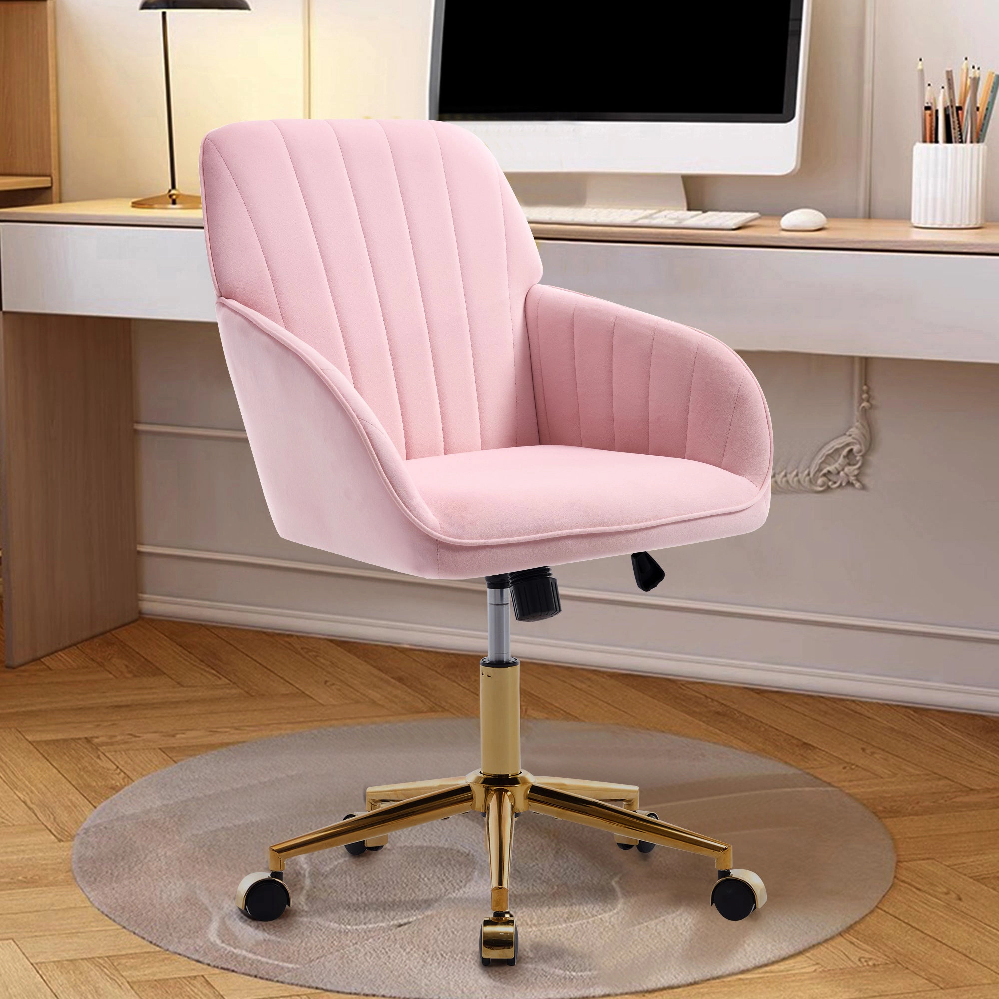 Platinum-Level Office Chairs Baby Pink Velvet Office Chair Ergonomic Adjustable Swivel