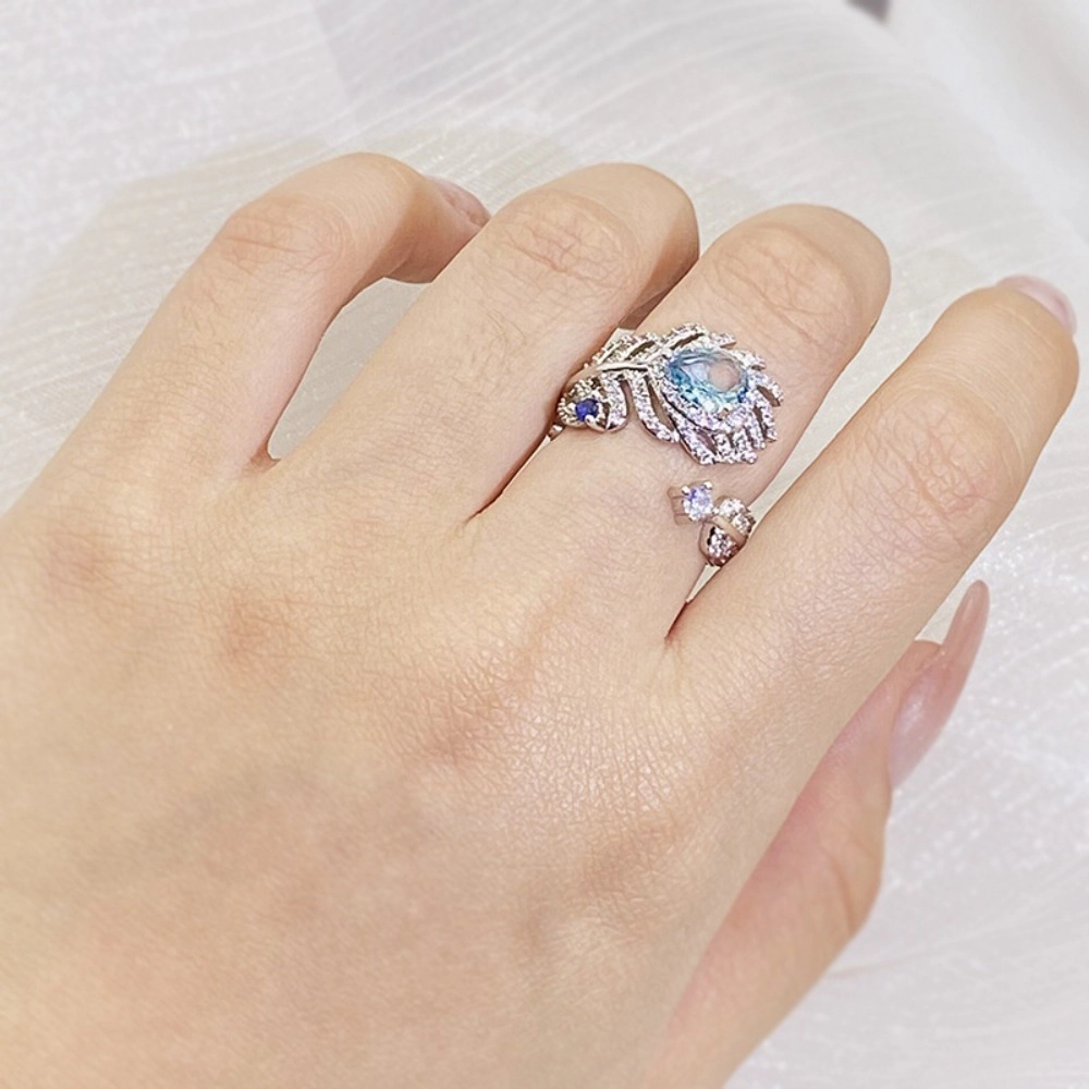Pear‑Cut Sky‑Blue Cubic Zirconia Feather Open Ring Silver‑Tone Adjustable Statement Ring for Women