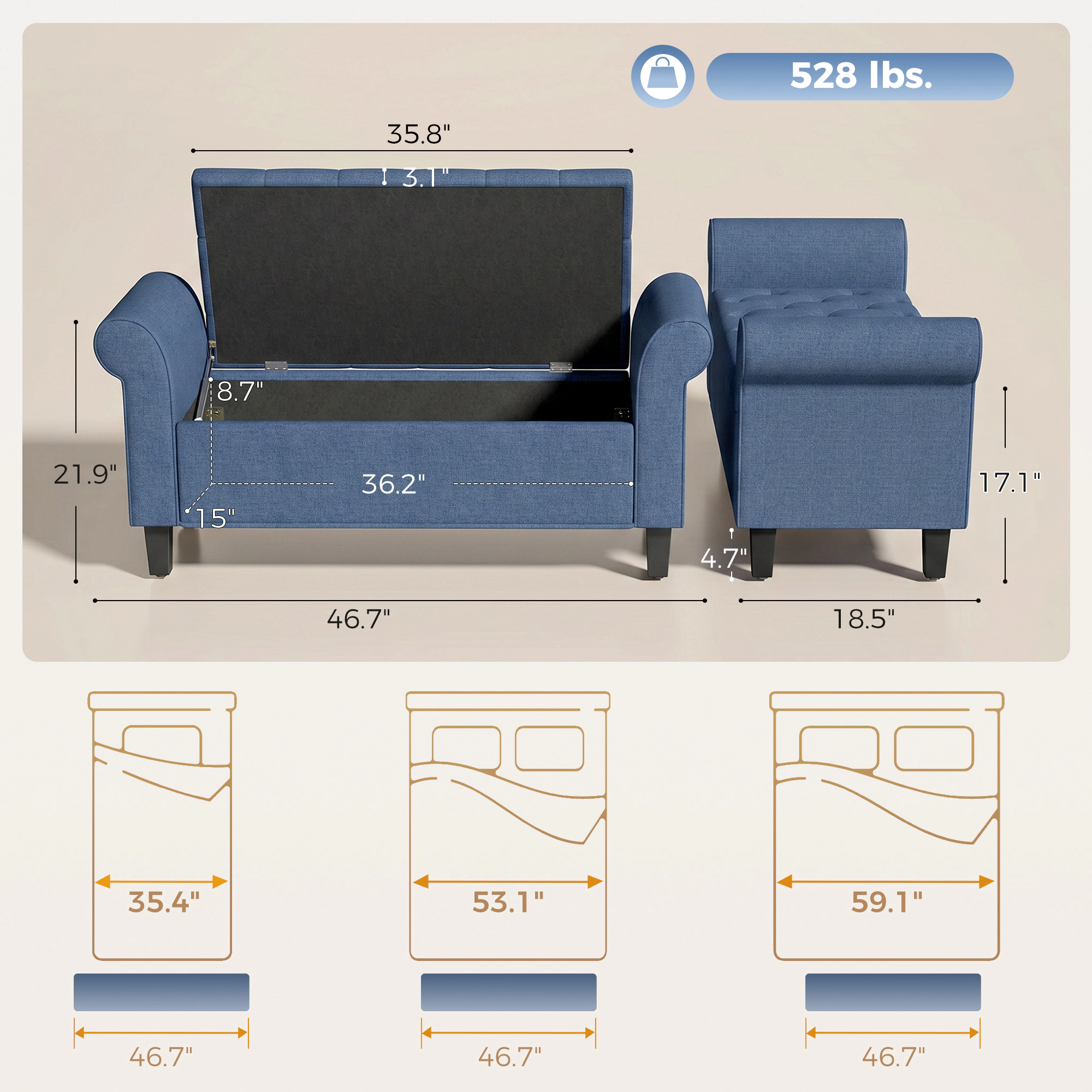 Hivvago Decorative Storage Ottoman Bench With Safety Hinge And Rolled Arm Design