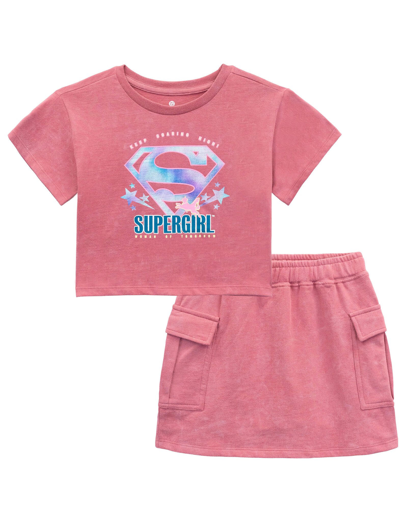 DC Comics Justice League Supergirl Girls' Cropped 2-Piece T-Shirt and Skort Set