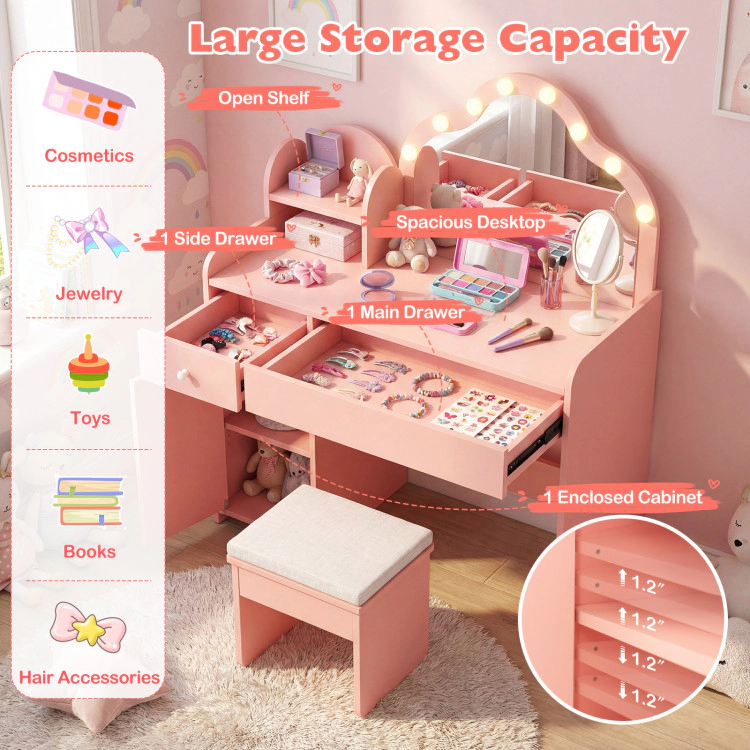 Hivvago Kids Vanity Desk With Mirror And Lights Princess Pretend Play Dressing Table