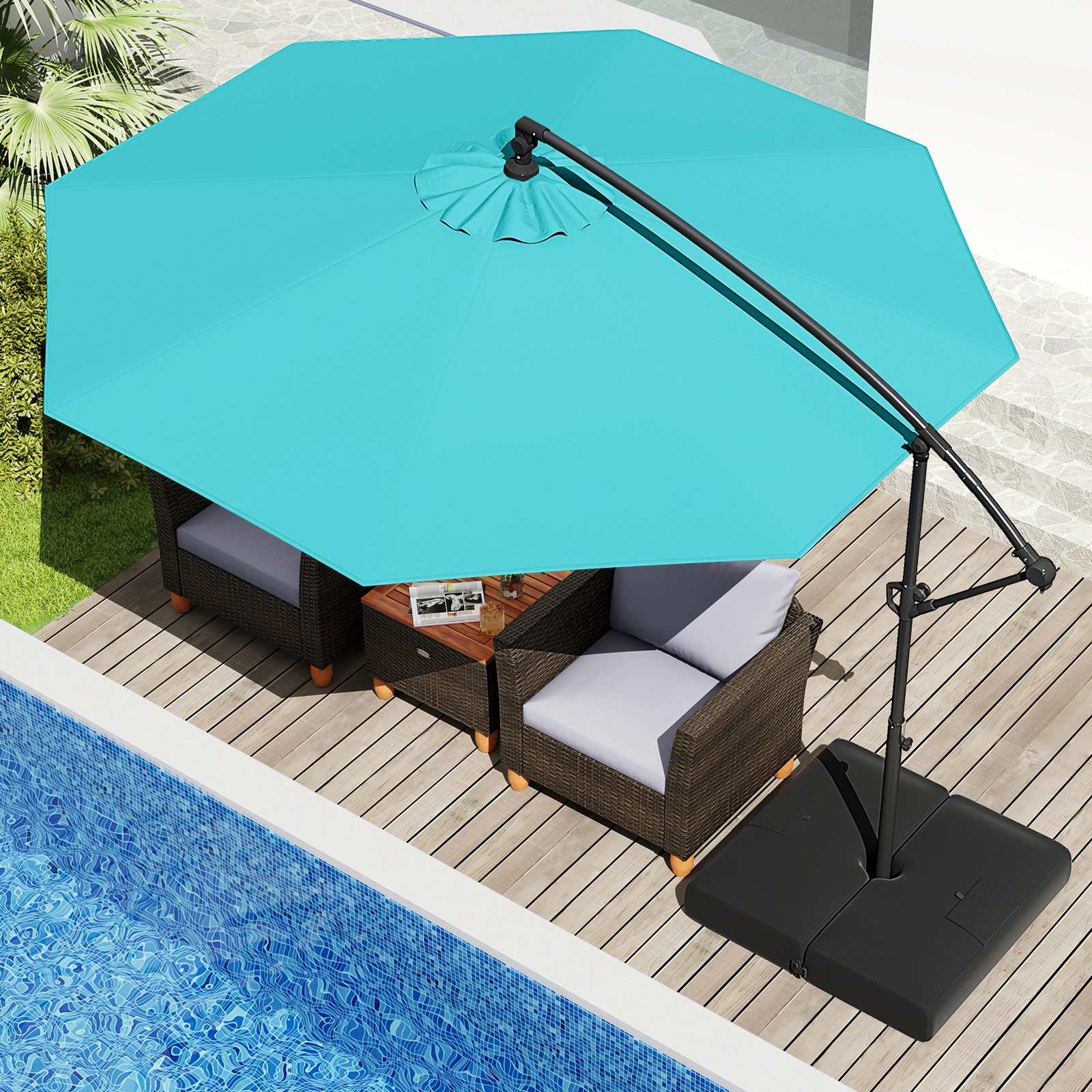 SUGIFT 10-ft Turquoise Offset Cantilever Patio Umbrella with Base Infinite Tilt and 360-Degree Rotation