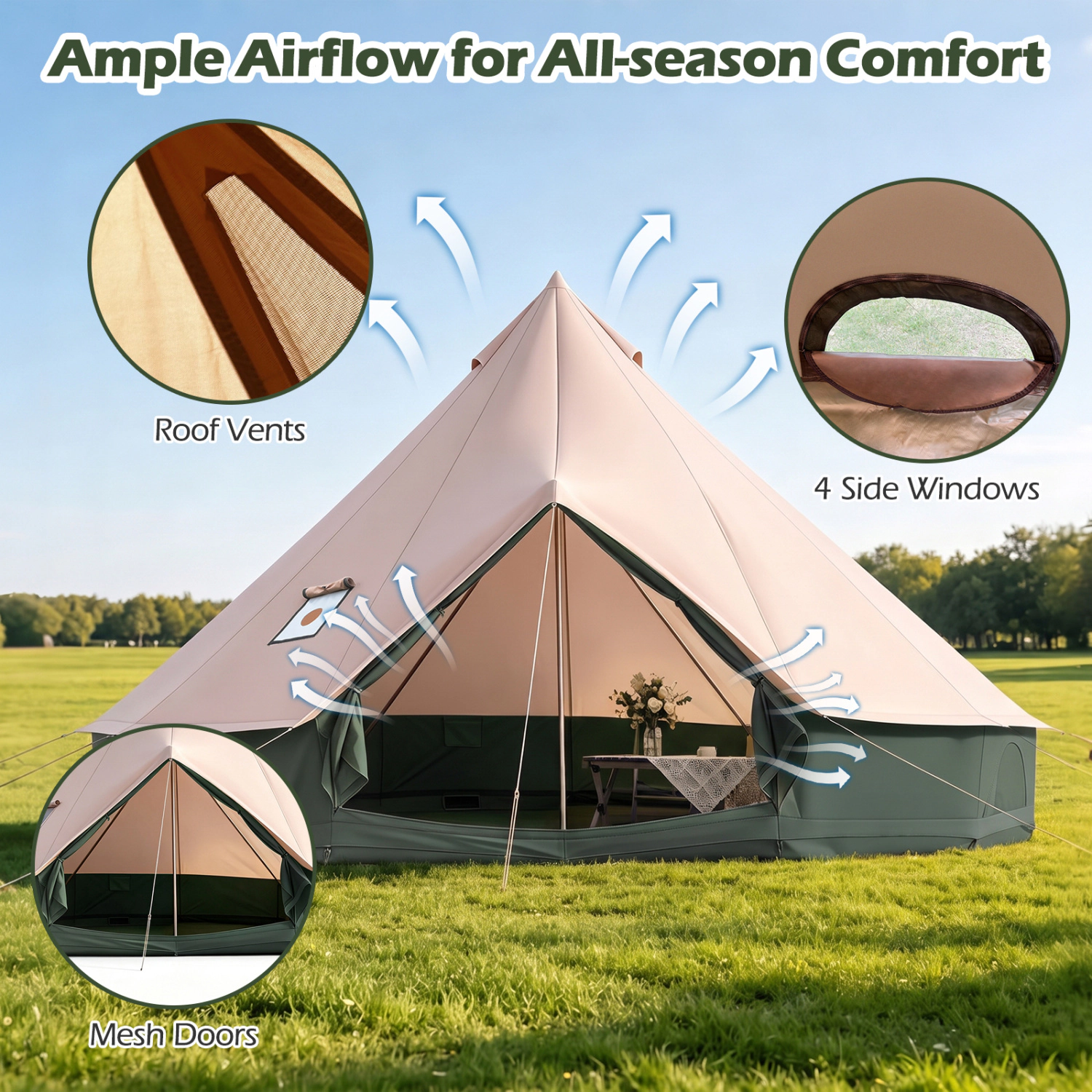 LJG Waterproof Bell Tent with Stove Jack Accommodates and Mesh Windows Doors in Green