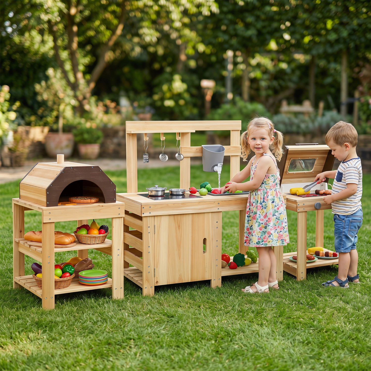 LJG Kids 3-Piece Outdoor Kitchen Set Mud Kitchen with Separate BBQ Grill and Pizza Oven