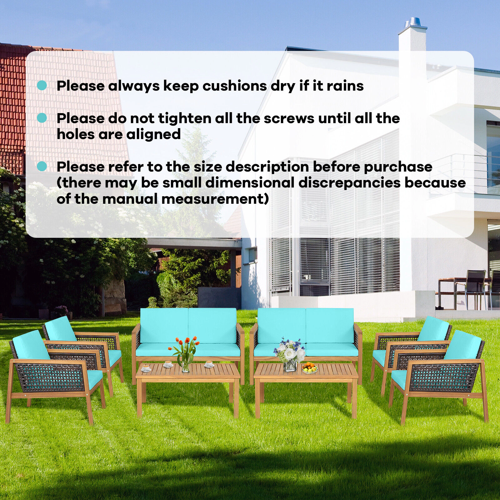 SUGIFT Acacia Wood Frame and Removable Cushions 4-Piece Turquoise Patio Rattan Set
