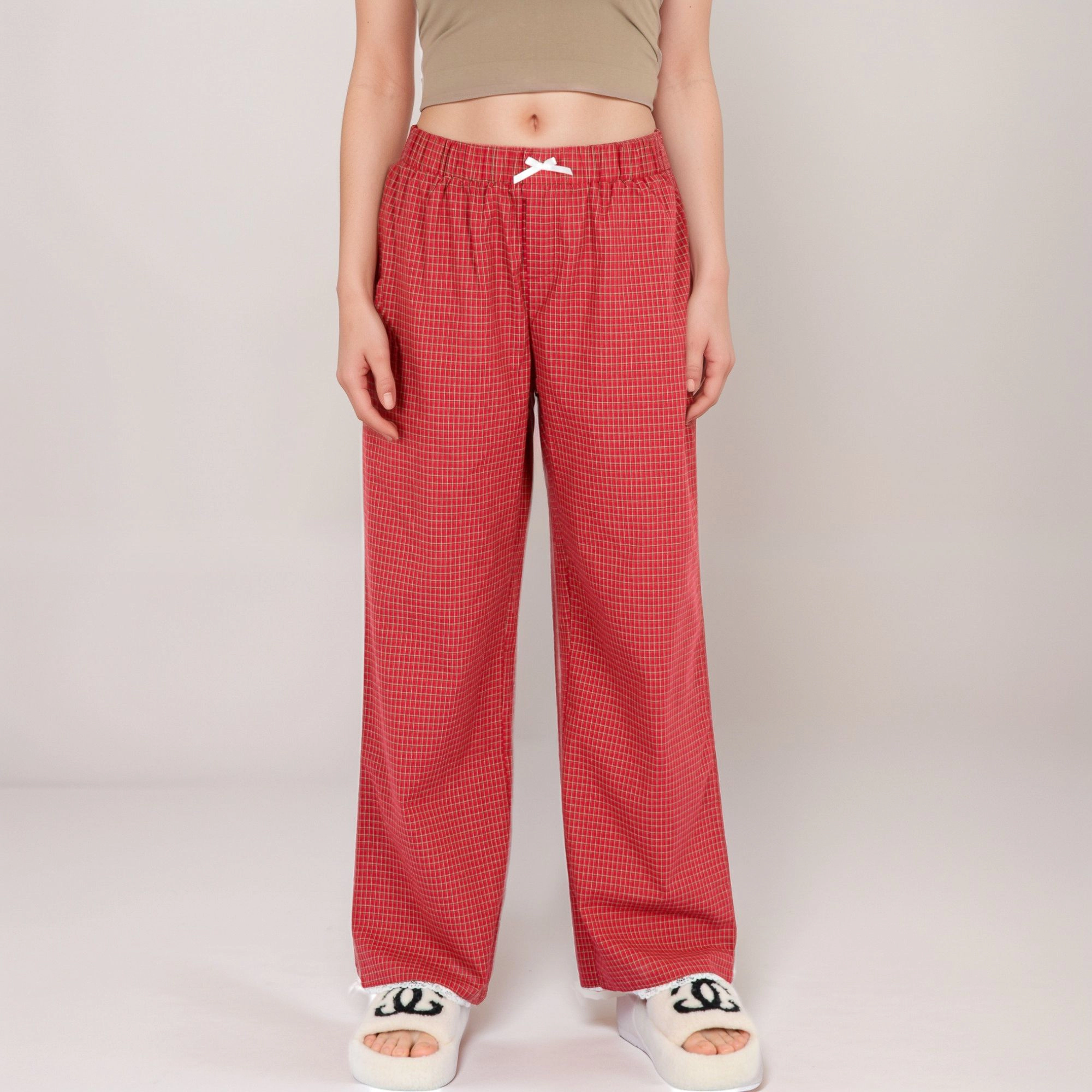 Anna-Kaci Women's Red Checkered Lounge Pants with Elastic Waistband Bow Tie Detail and Relaxed Full-Length Wide Leg Fit