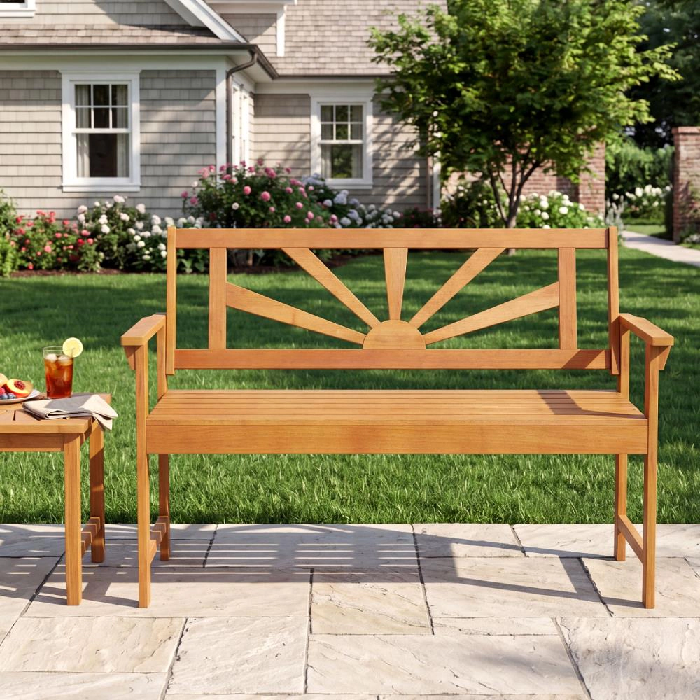 Hivvago 2-Seater Acacia Wood Loveseat Bench With Backrest And Armrests For Patio