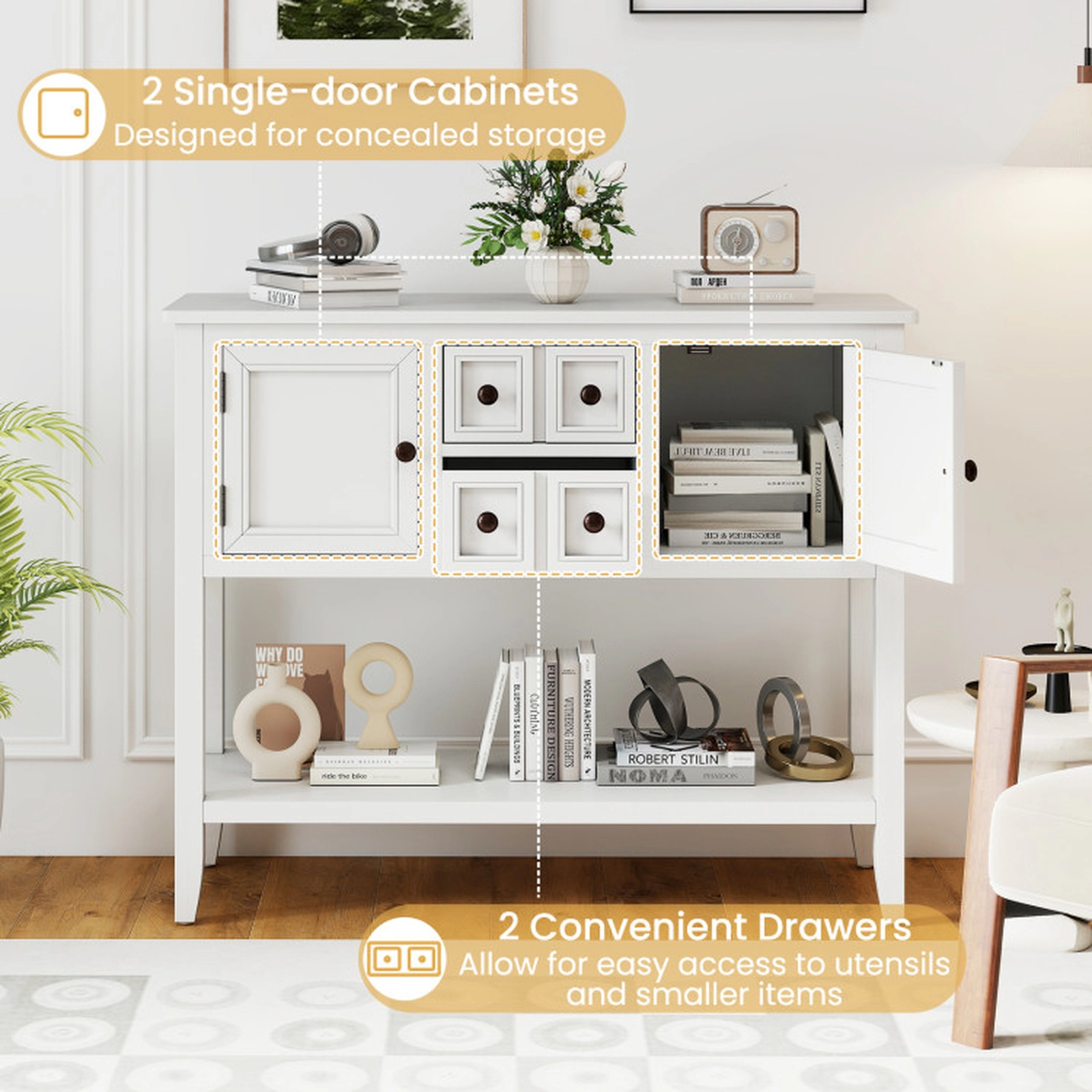 SUGIFT 2-Door Solid Pine Wood 2 Drawers Bottom Shelf Sideboard Buffet 42-in x 15-in x 34-in 180-lb Capacity White