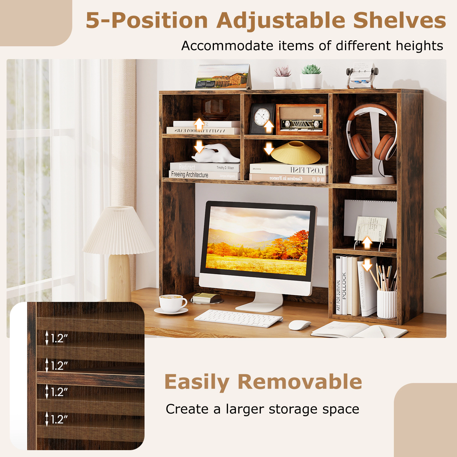 Hivvago Desktop Bookshelf With 7 Open Cubbies And 3 Adjustable Shelves