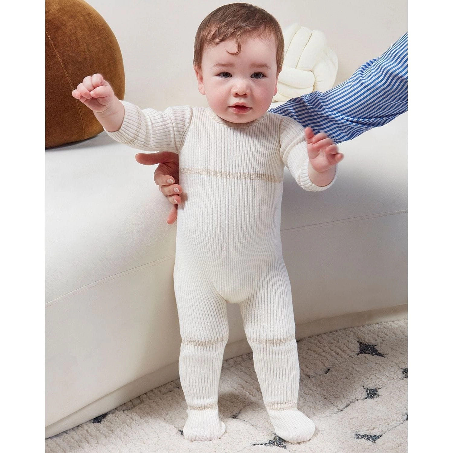 MeMoi Baby Gold Lurex Trimmed Ribbed Cotton Footie