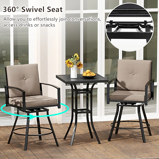 SUGIFT Swivel Patio Bar Set with 180-lb Table Capacity and 400-lb Stools with Cushions and 1.57-in Umbrella Hole Brown