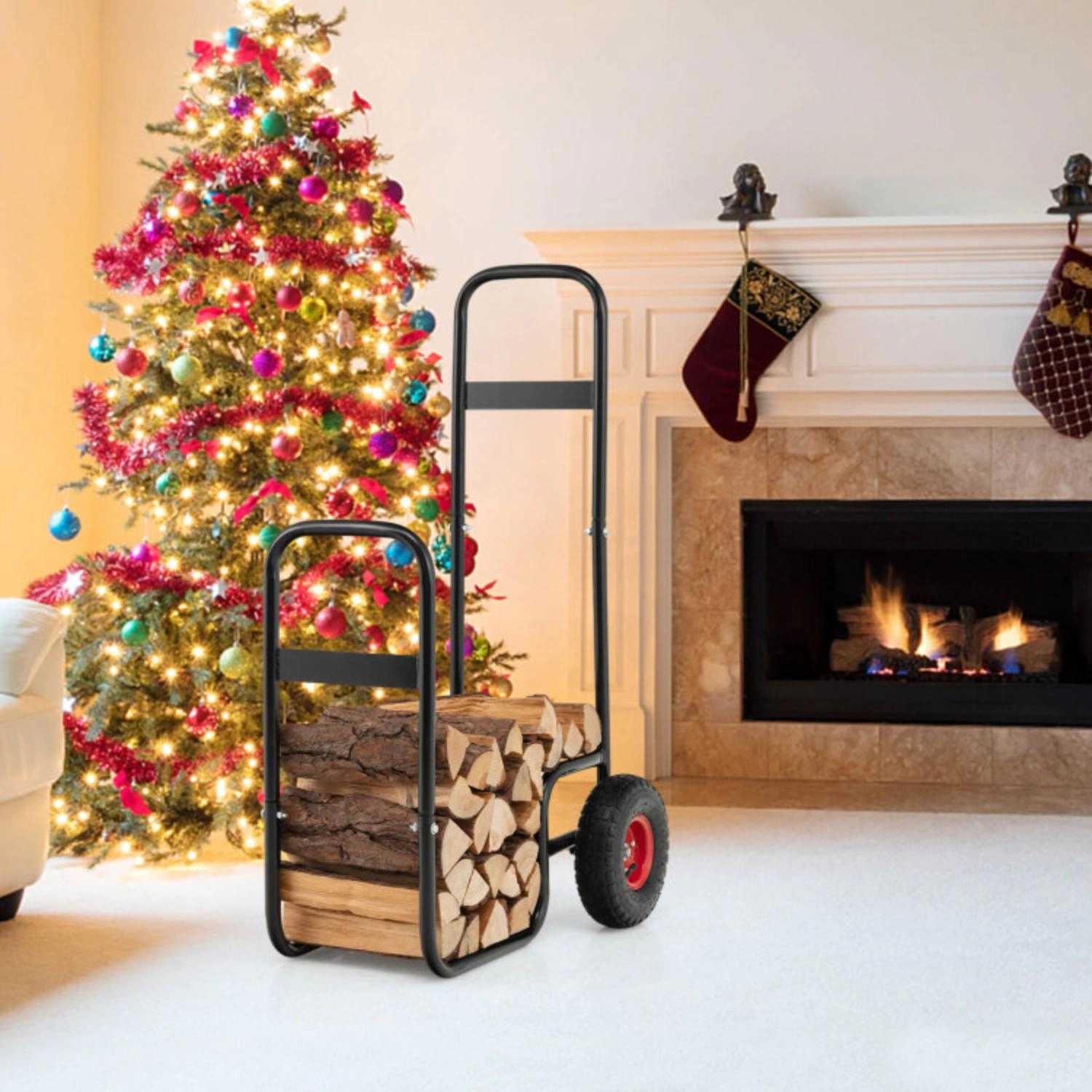 Hivvago Firewood Log Cart Carrier With Wear-Resistant And Shockproof Rubber Wheels