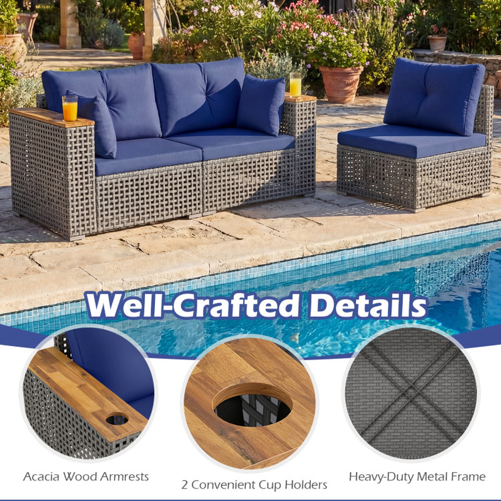 SUGIFT 3-Piece Modular Patio Wicker Sectional Sofa Set 1 Armless 2 Corner Sofas 400-lb per Seat 86.5-in Wide Navy