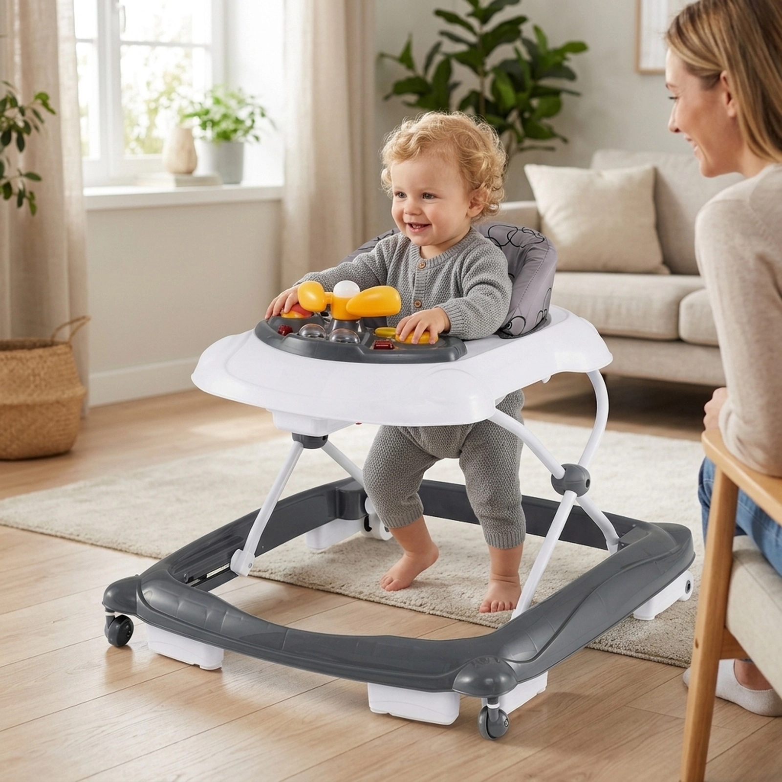 Lightweight Foldable Baby Walker with 3 Tool Free Height Settings Padded Washable Seat Lights and Music Toy Tray in Gray