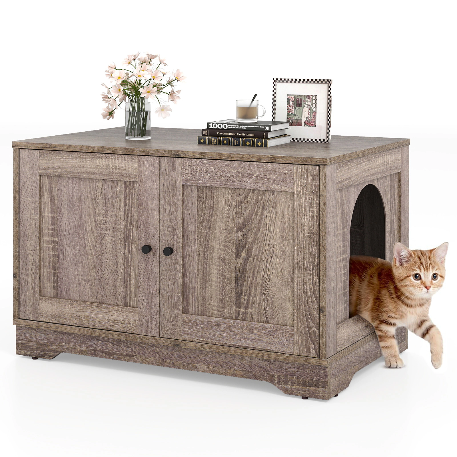 SUGIFT Cat Litter Box Enclosure Side Table with Dual Doors 110-lb Tabletop Capacity Gray
