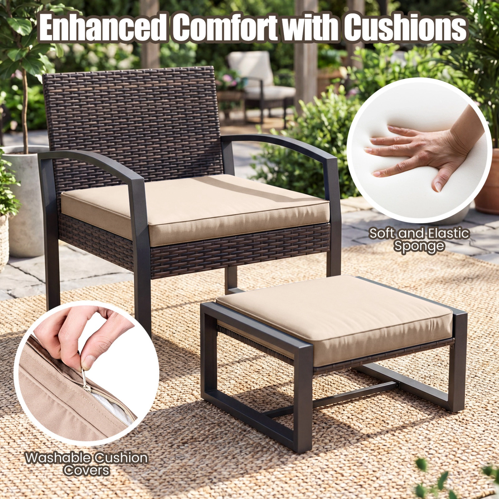 SUGIFT 5-Piece Brown Wicker Patio Conversation Set with 2 Chairs, 2 Ottomans and Glass Side Table