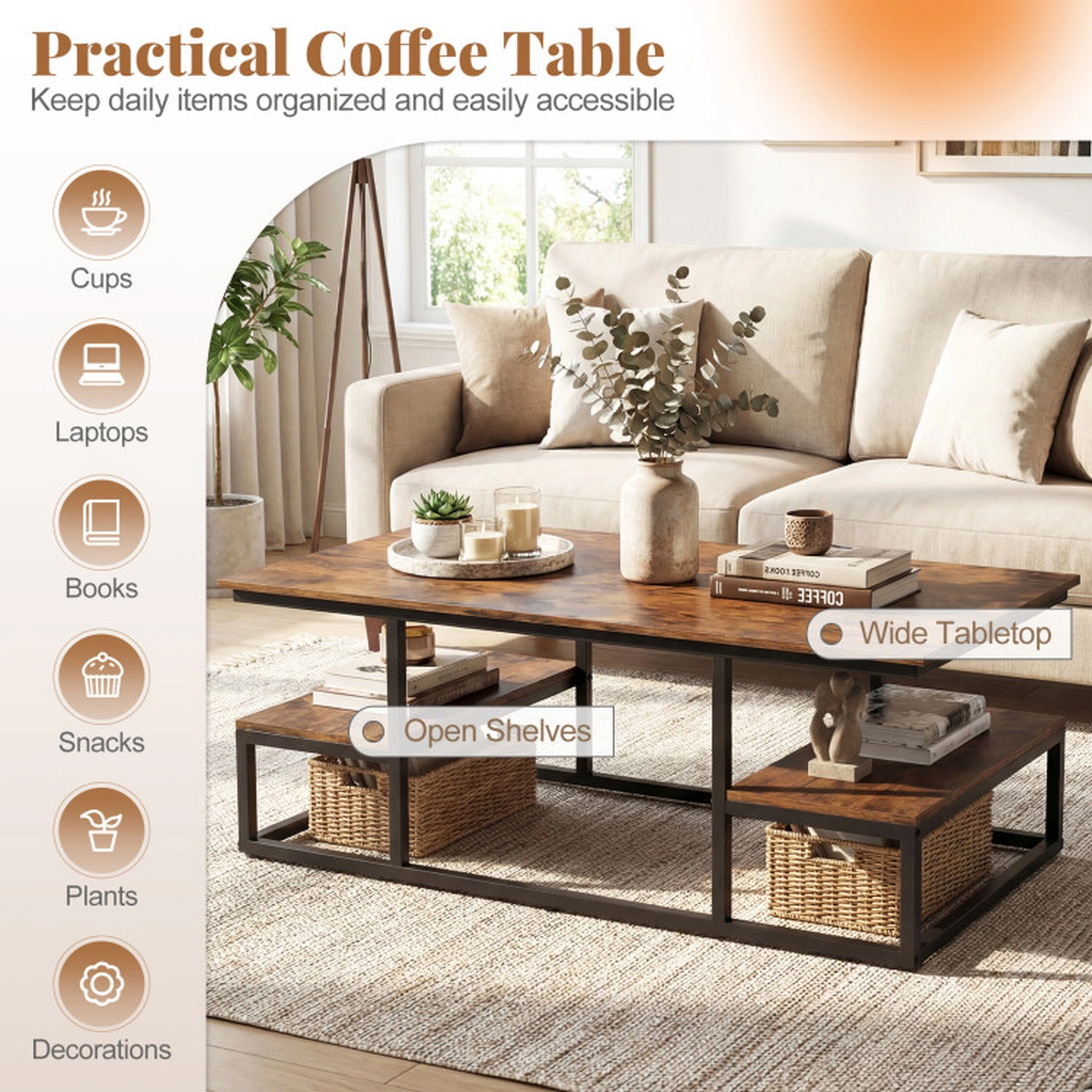 SUGIFT 43-in 176-lb Capacity Rustic Brown Rectangle Coffee Table with 2 Open Shelves and Metal Frame