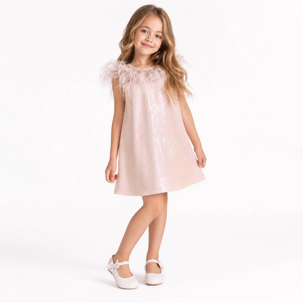 Faeella Girls Iridescent Stardust Pink Sequin Birthday Dress