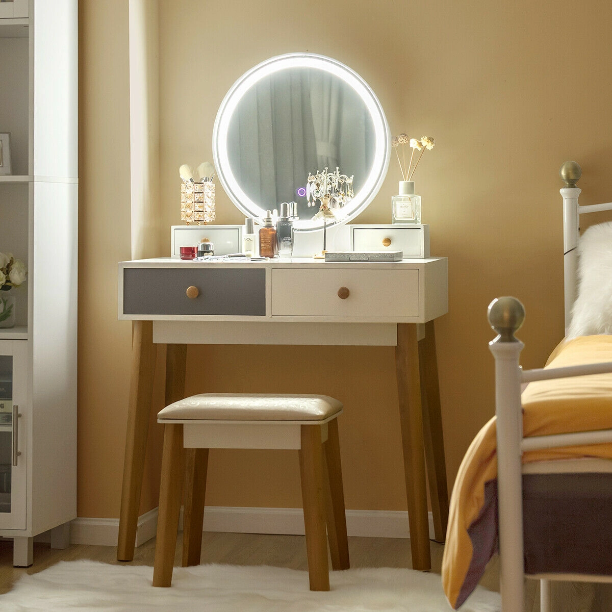 SUGIFT White 4 Drawers 19 Inch Lighted Round Mirror and Stool Makeup Dressing Table Set