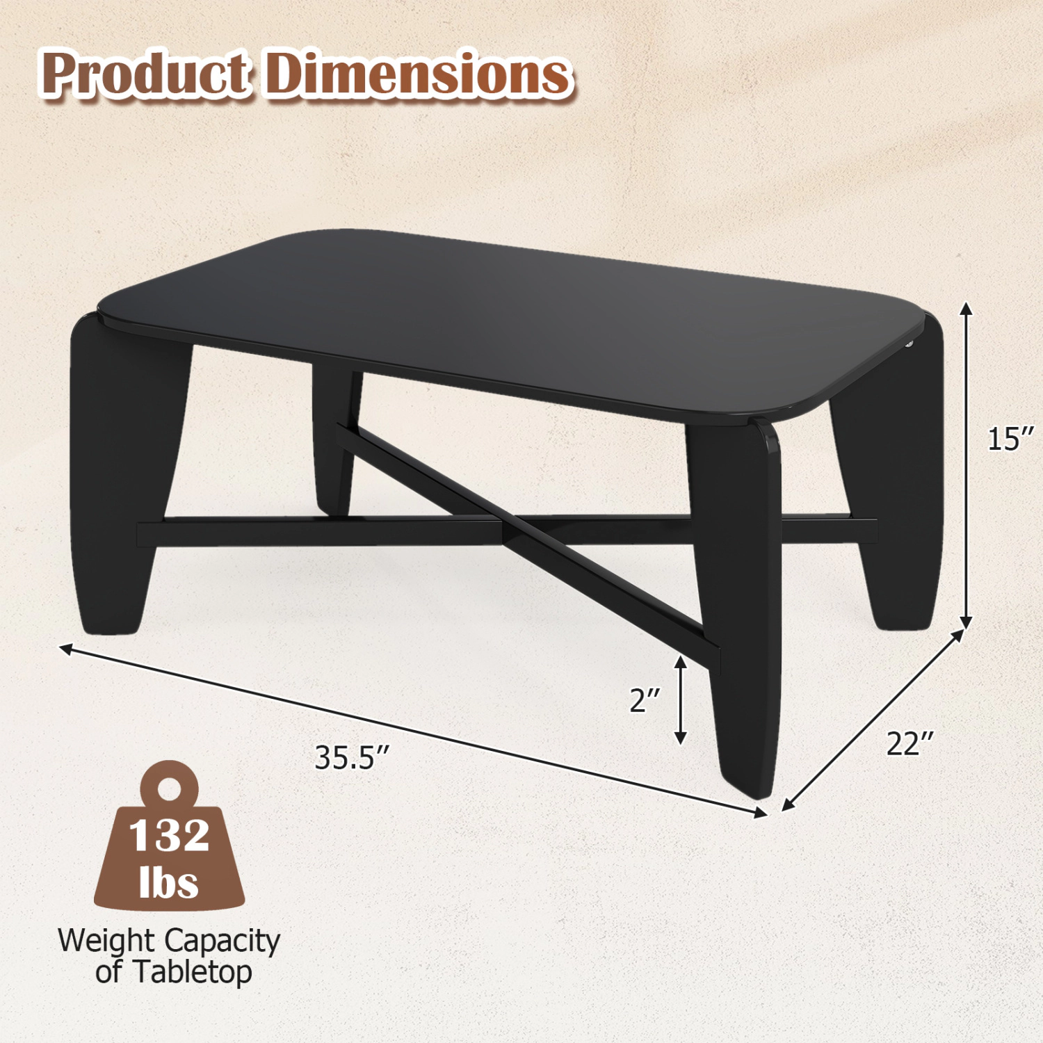 LJG Modern Coffee Table with Rubber Wood Cross-Leg Base Rectangular Center