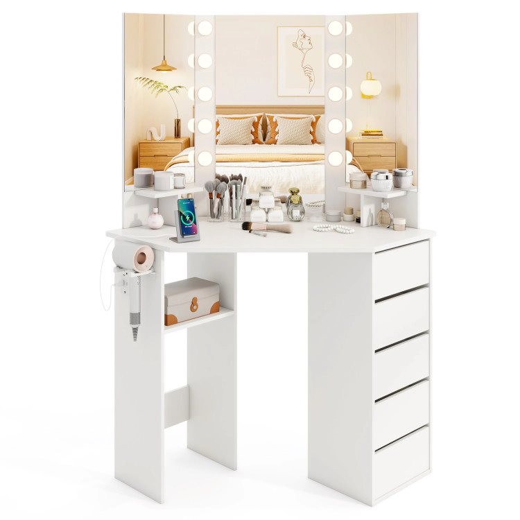 Hivvago Corner Vanity Desk With 3-Color Led Lighted Mirror And Power Outlet
