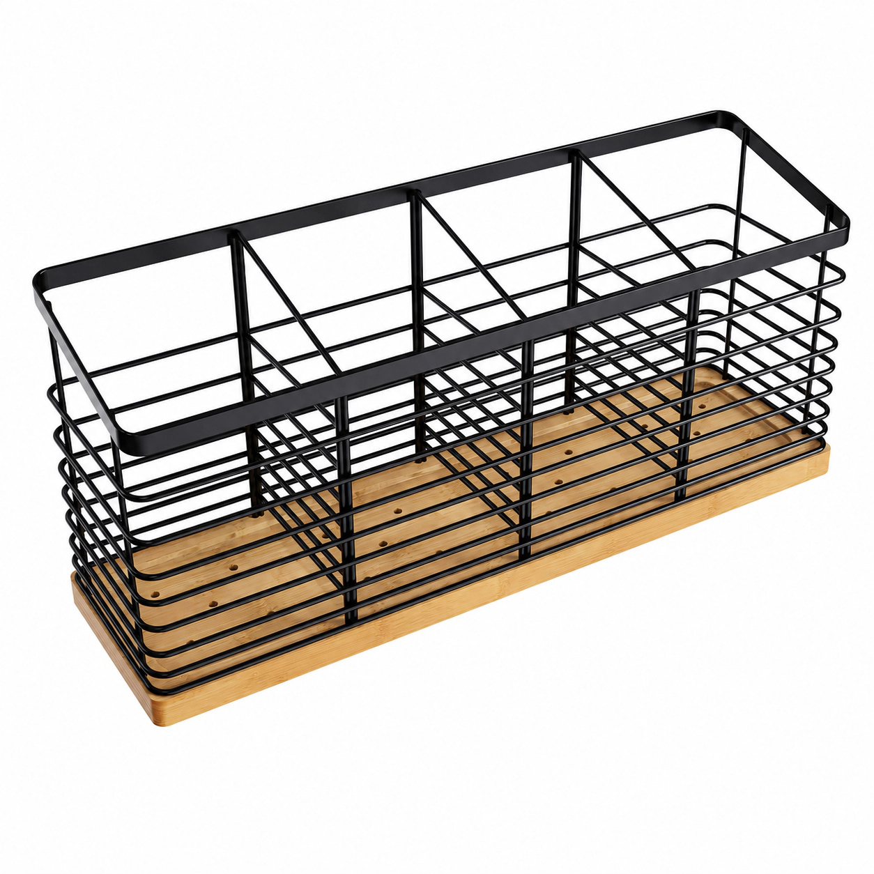 WZK Extra Large 4 Compartment Metal Wooden Base Kitchen Utensil Holder