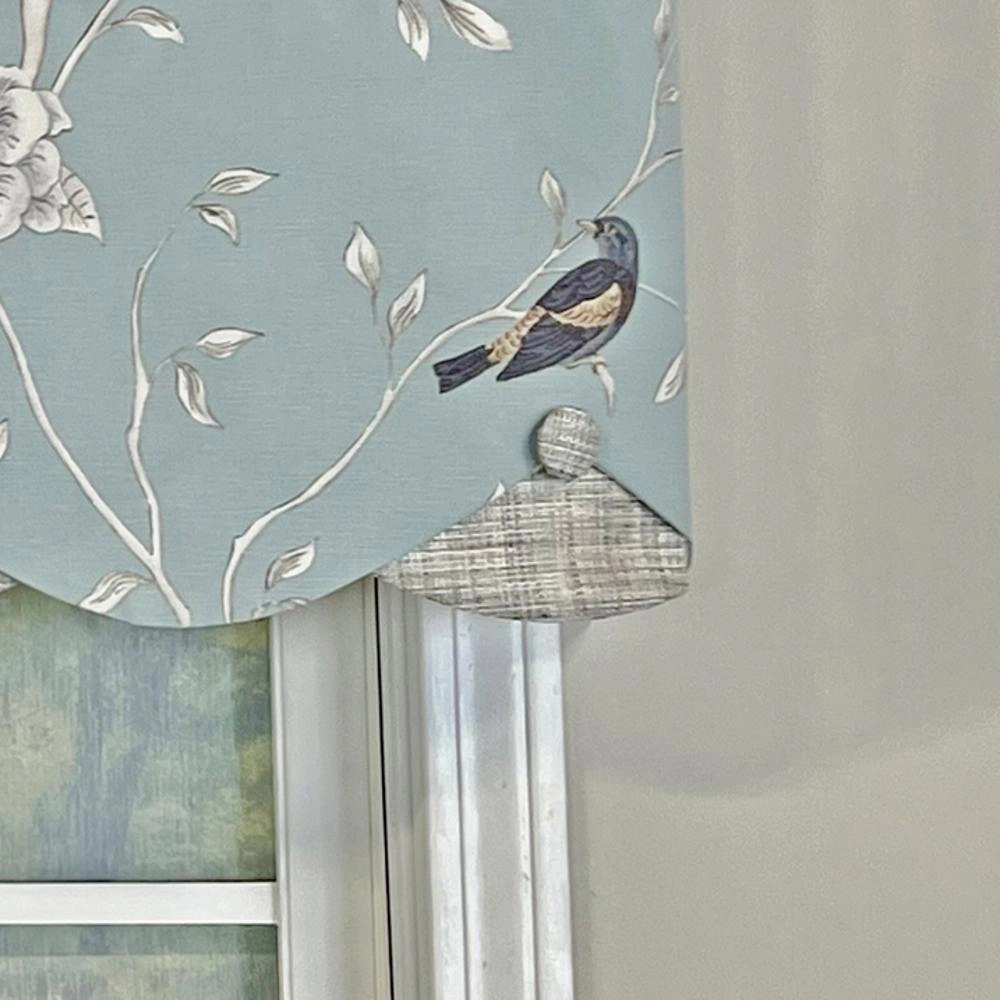 RLF Home Trend Bird Petticoat Valance Hazel Blue. 3"Rod Pocket, Contrast Bottom fabric. Hand Made Buttons 50"W x 15"L