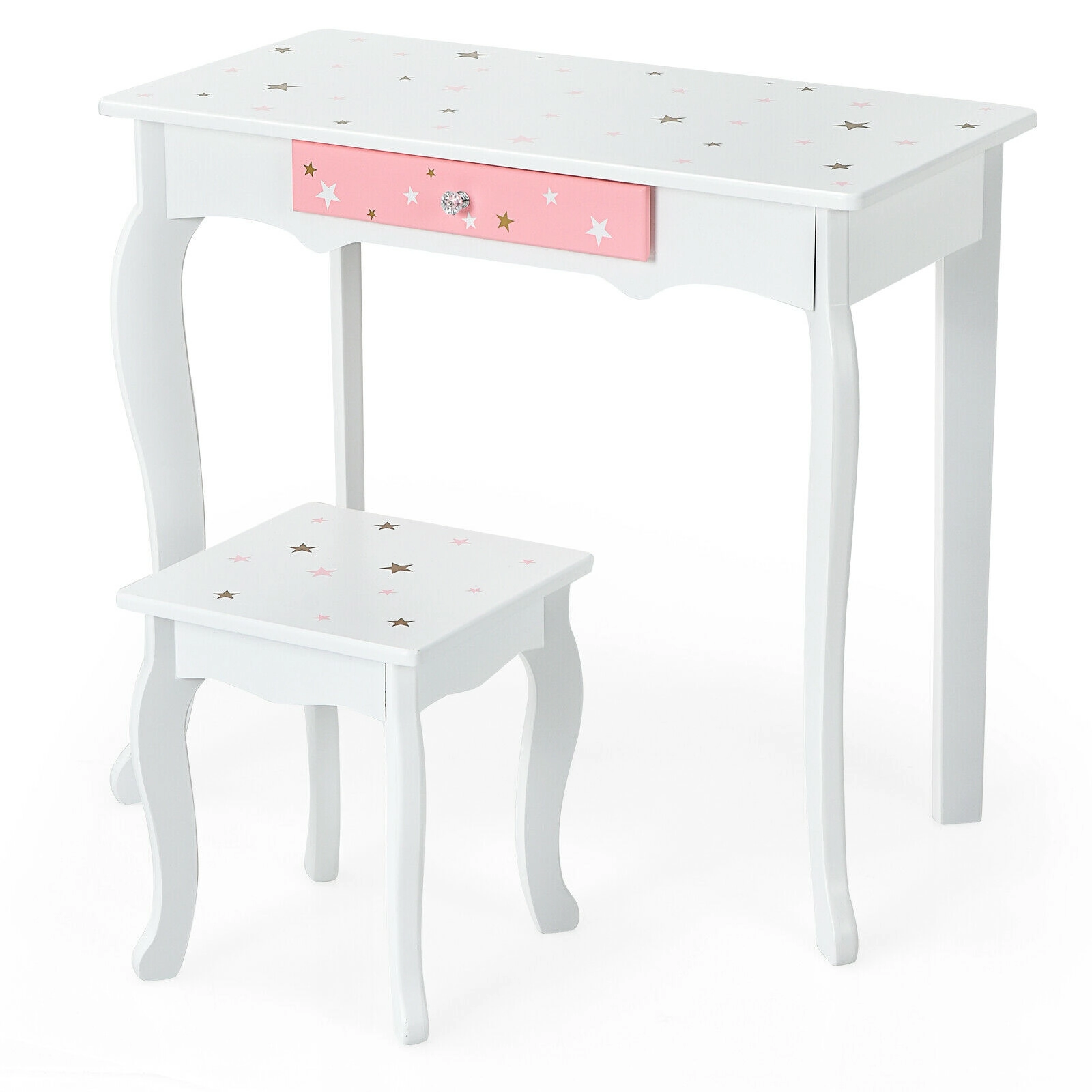 SUGIFT Kids Princess Vanity Table and Stool Set, 180-Degree Tri-Fold Mirror, Detachable Desk and Drawer