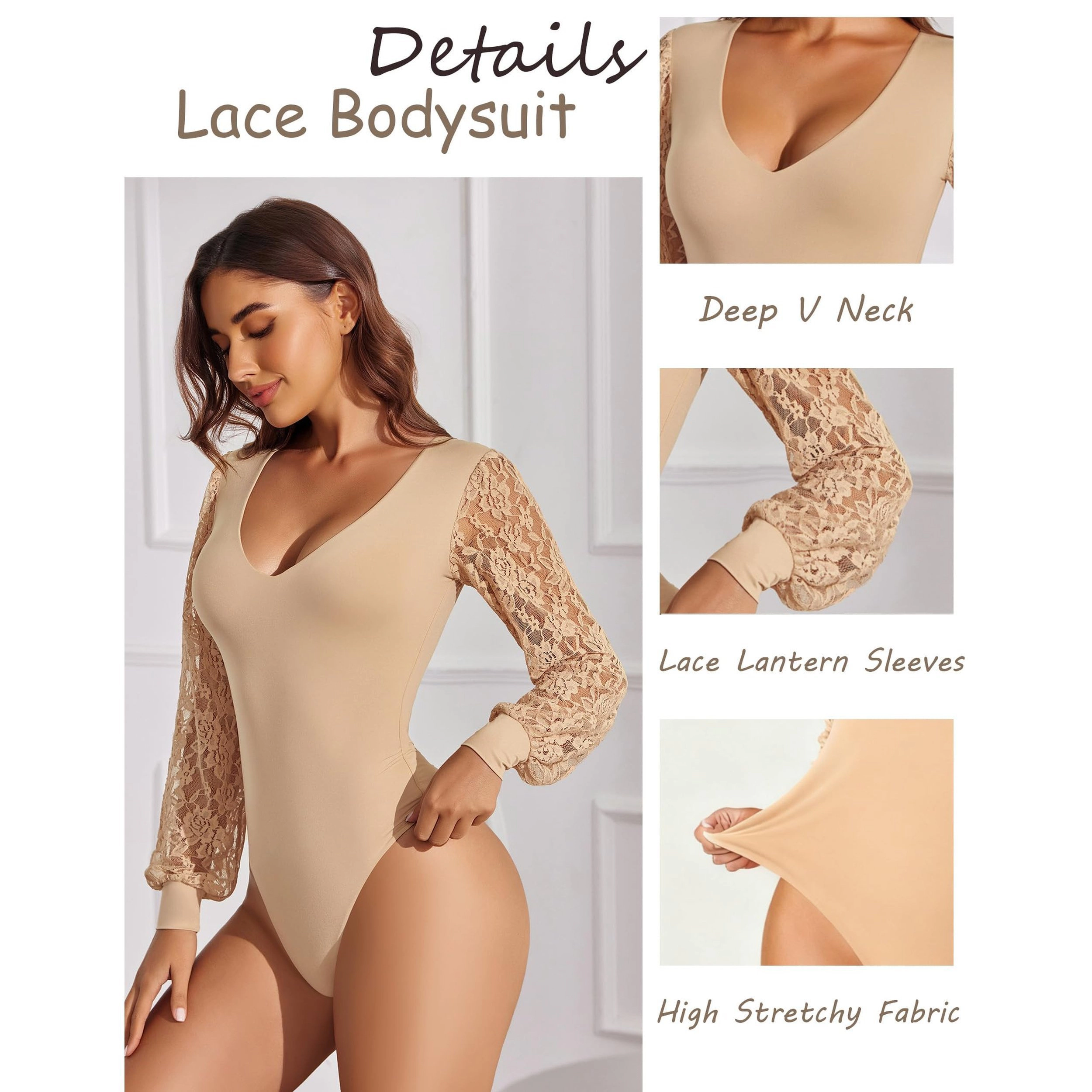 Avidlove Women's Long Sleeve V Neck Lace Bodysuit