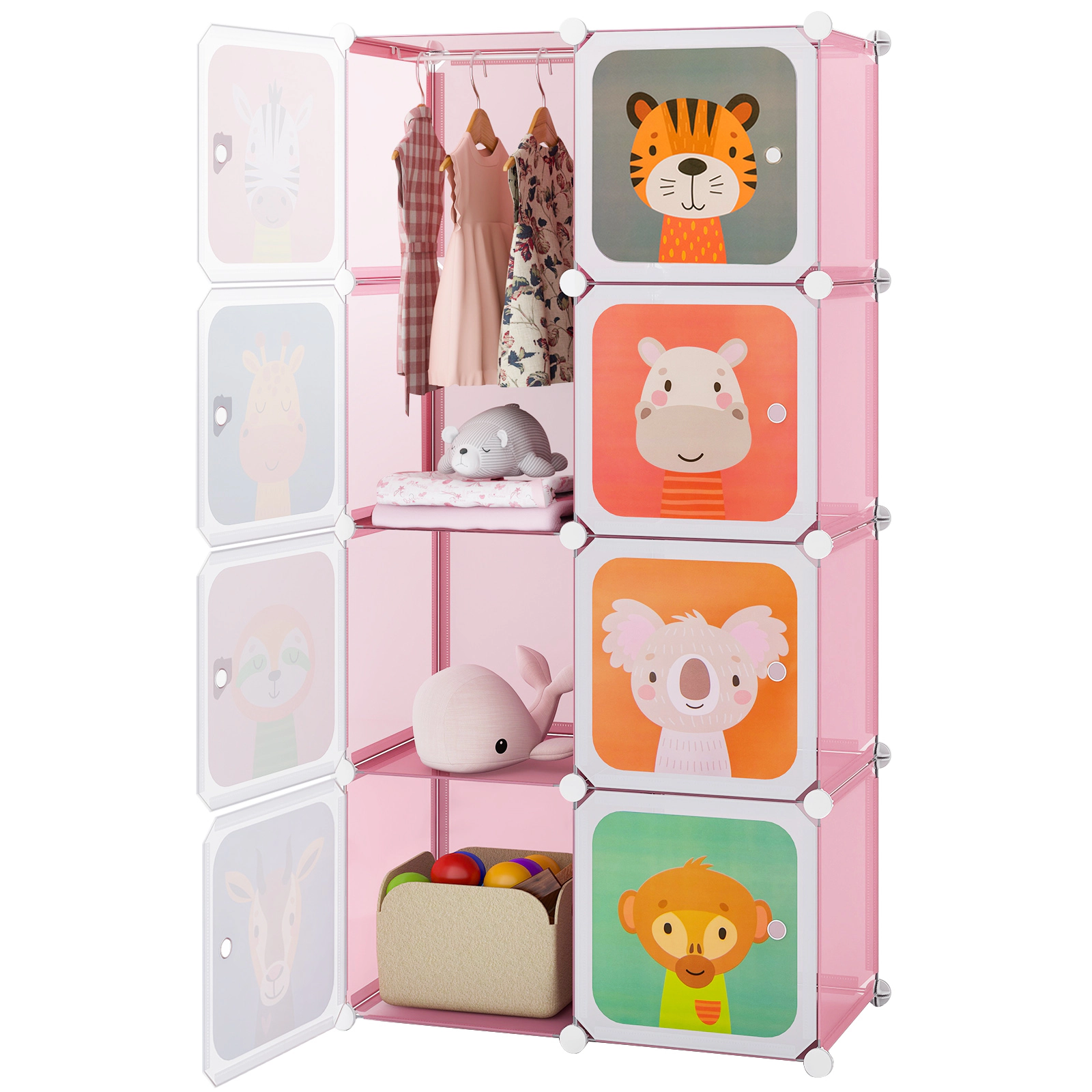 SUGIFT 8-Cube Kids Wardrobe Toy Organizer Closet with Hanging Section and Doors 22-lb Cube Capacity Pink