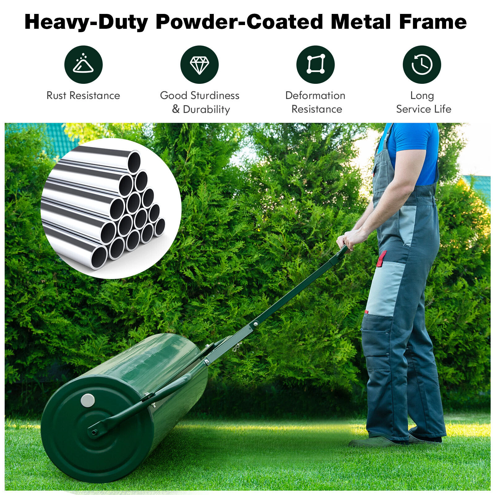 SUGIFT 39 in Wide Lawn Roller Green 30 Gallon Push and Tow Roller with Metal Frame