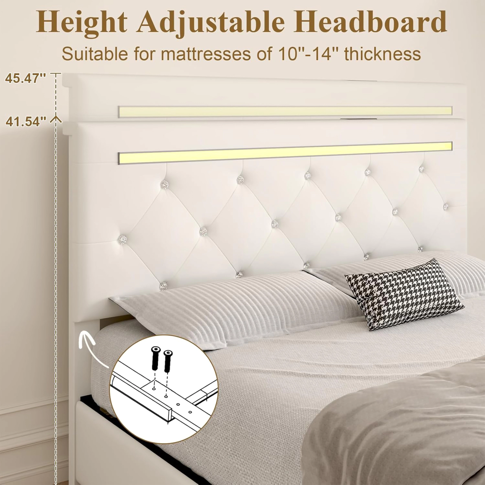 Flynama Full LED Bed Frame with 4 Drawers, PU Upholstery, Adjustable Headboard & Charger, White