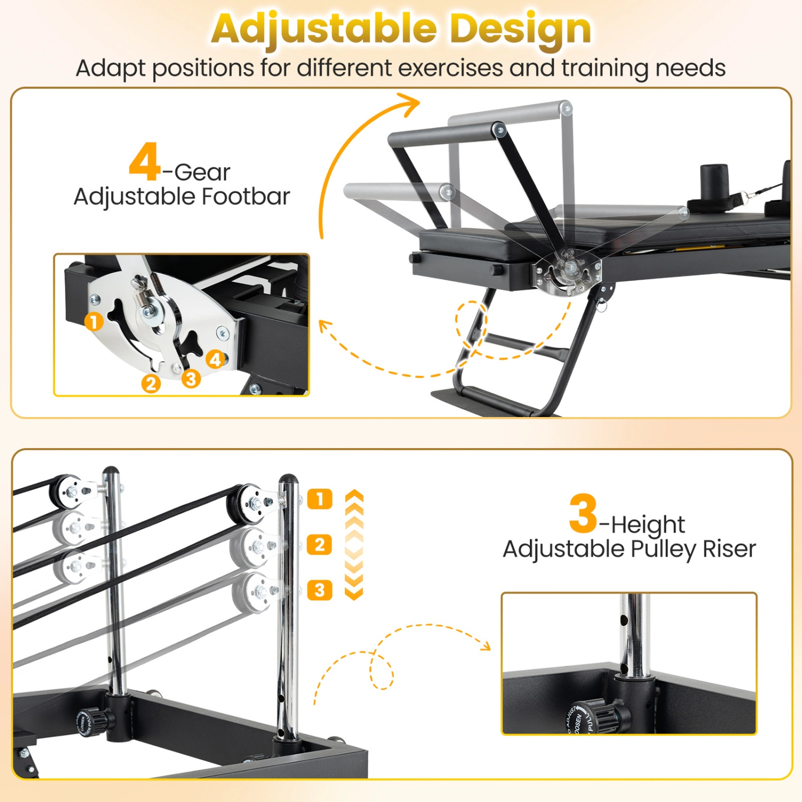 SUGIFT Black Adjustable Footbar 660-lb Foldable Pilates Reformer Machine for Home Gym