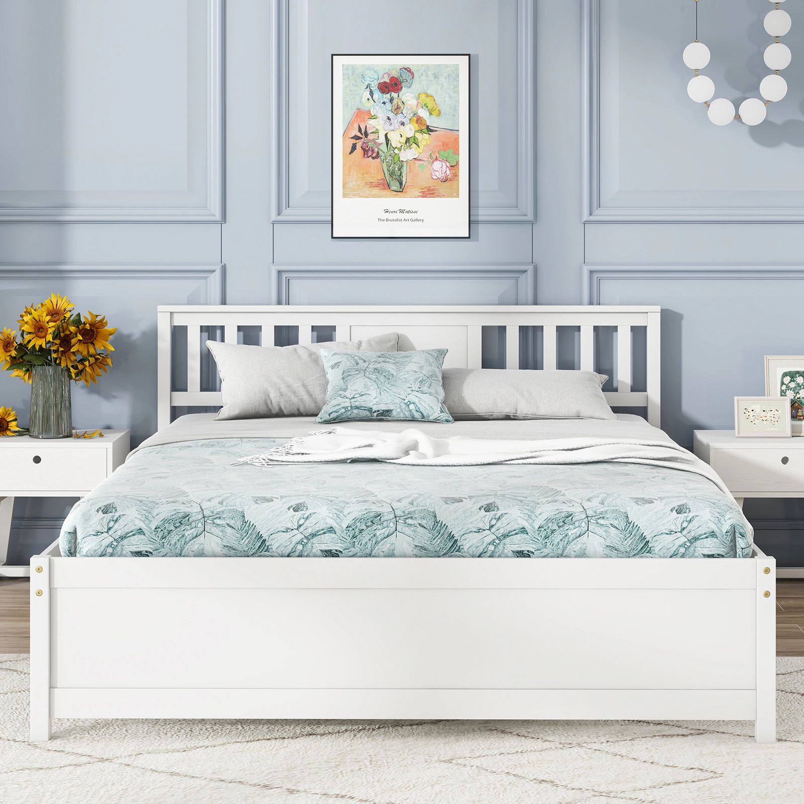 SUGIFT Queen White Wooden Platform Bed Frame with Panel Headboard and Footboard