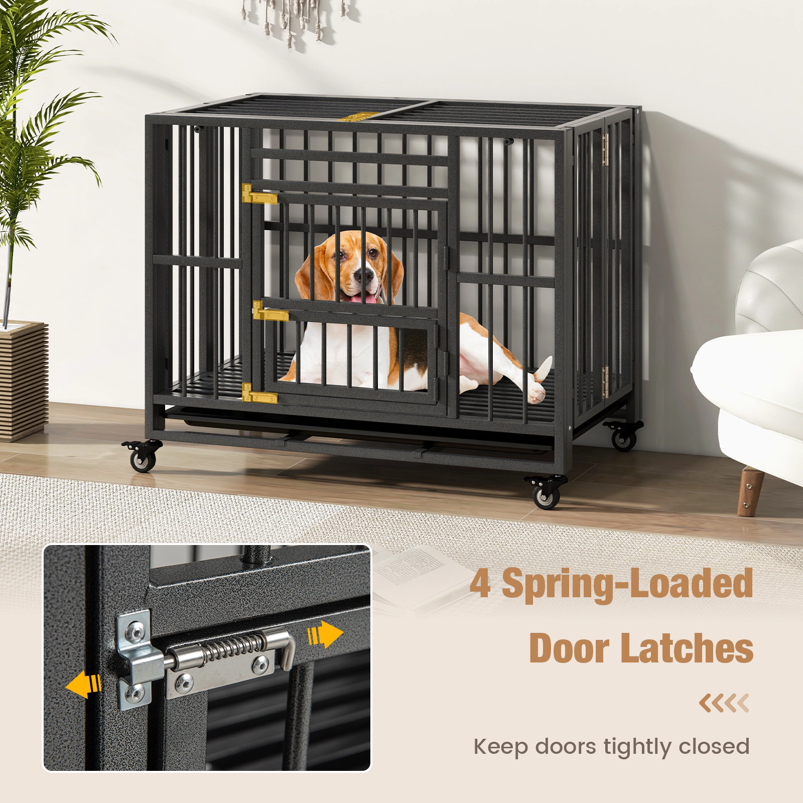 SUGIFT Foldable Heavy-Duty Dog Crate 135-lb Capacity Chew-proof Cage with Lockable Universal Wheels Black