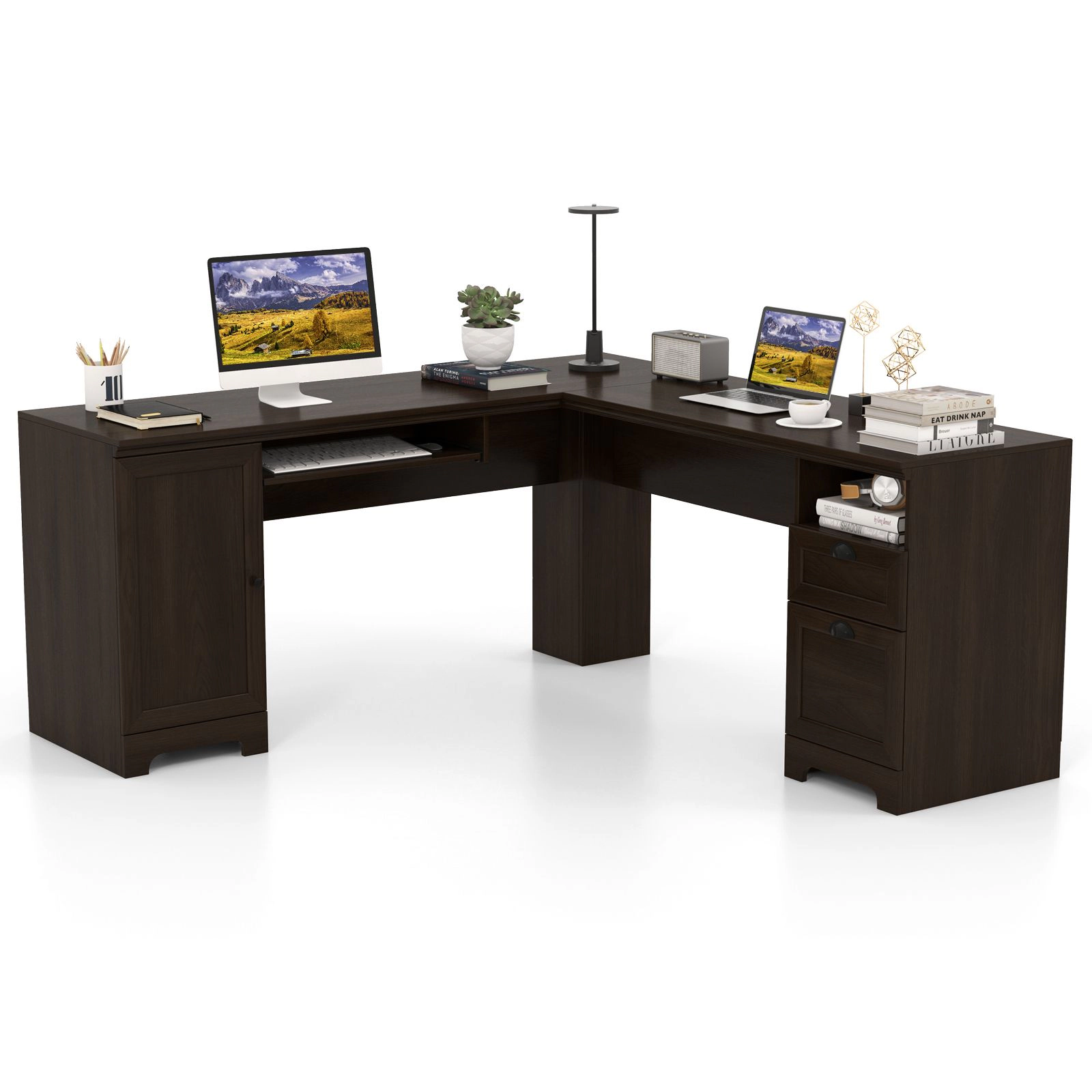 SlickBlue 66 Inch L-Shaped Computer Desk With Storage Cabinet