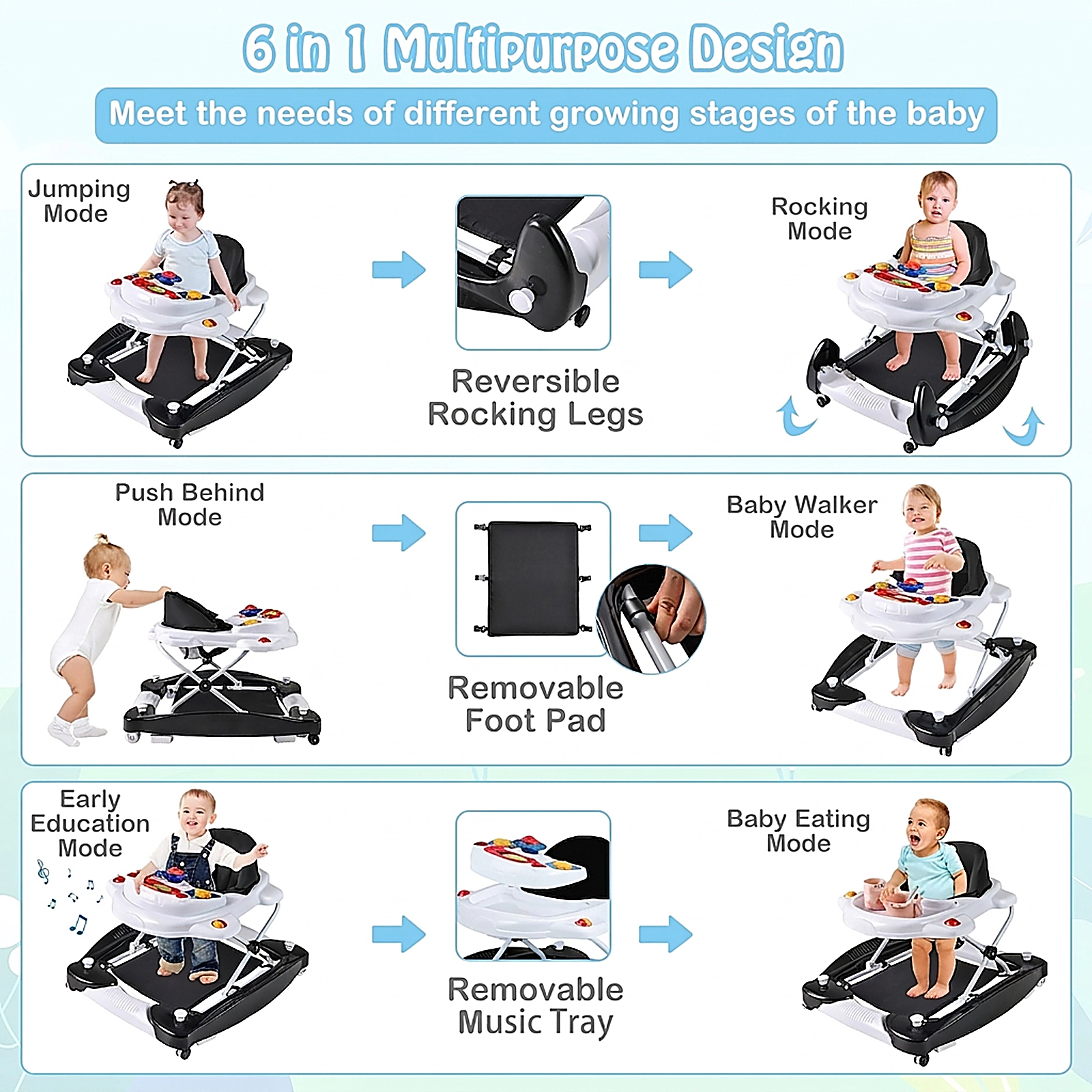 SUGIFT 6 1 Foldable Baby Walker with Detachable Music Tray and Rocker Mode