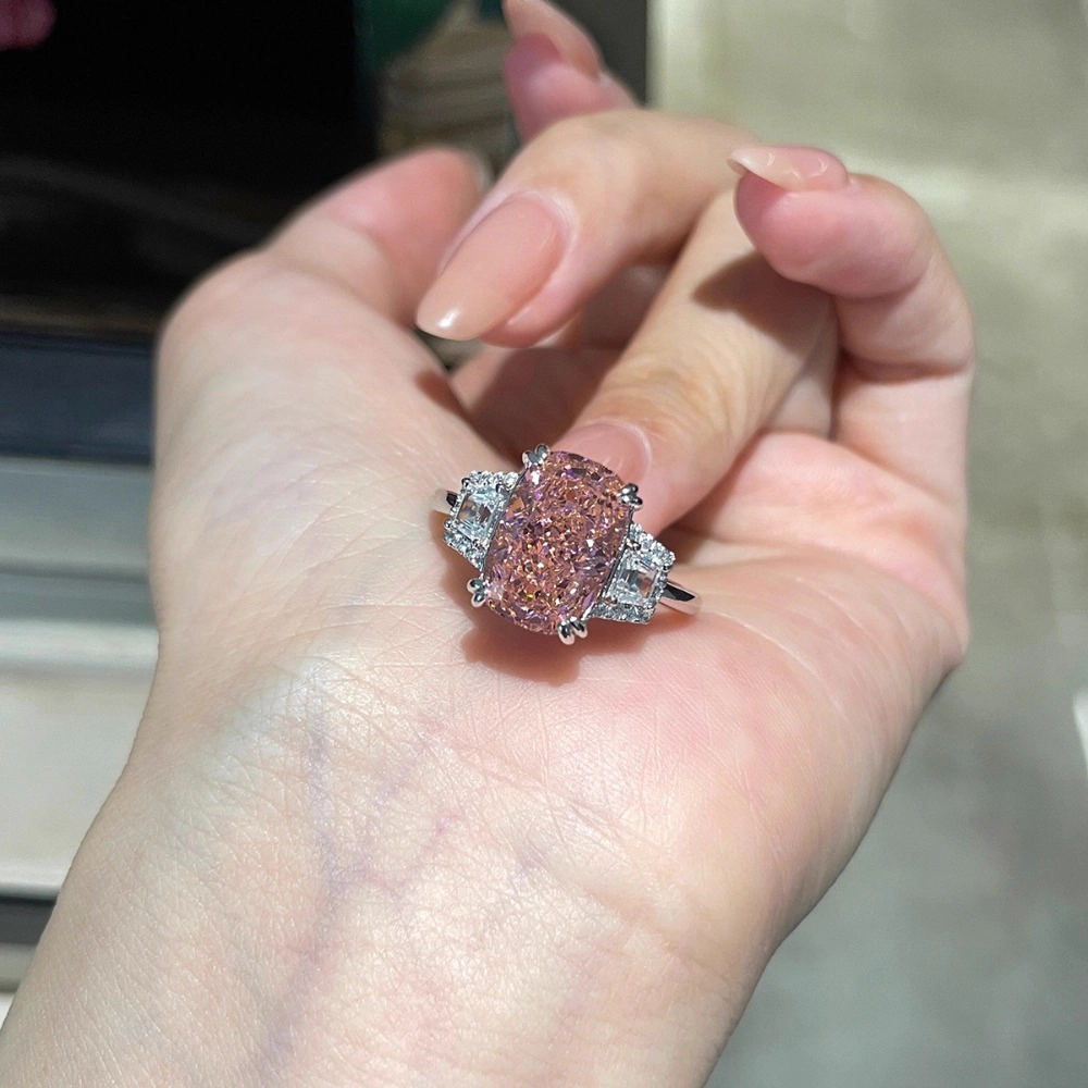 Wardrobe Whimsy Cushion Cut Pink Cubic Zirconia Three‑Stone Engagement Ring