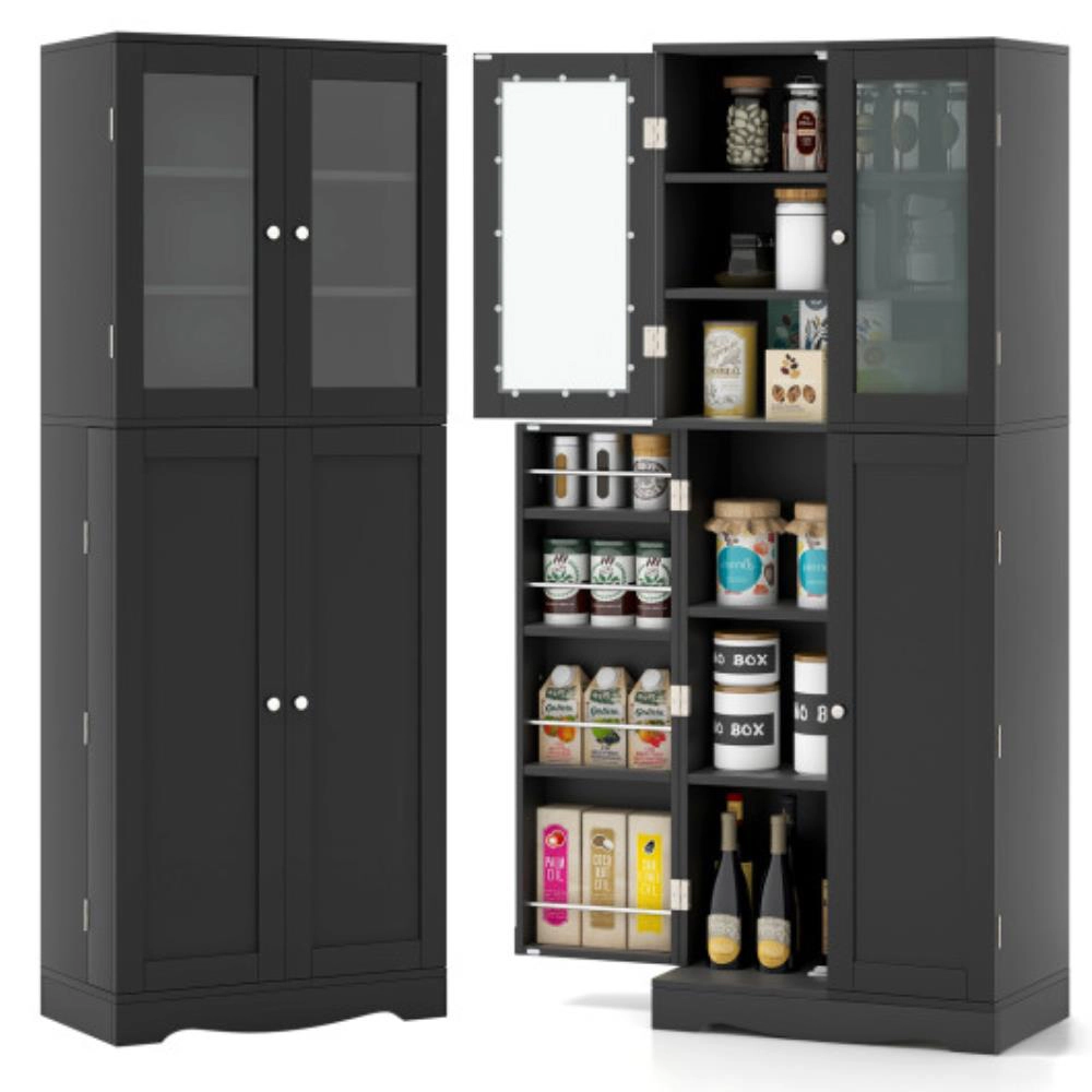 Hivvago Tall Kitchen Pantry Cabinet With Dual Tempered Glass Doors And Shelves