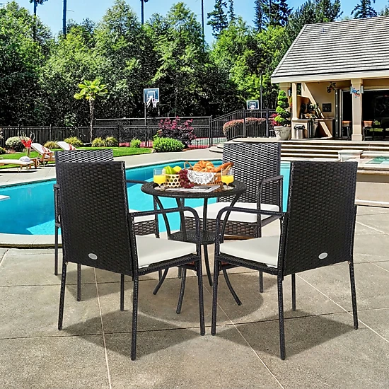 SUGIFT Set of 4 Patio Rattan Dining Chairs, Mix Brown, Off-White Cushions, 18-Inch Seat