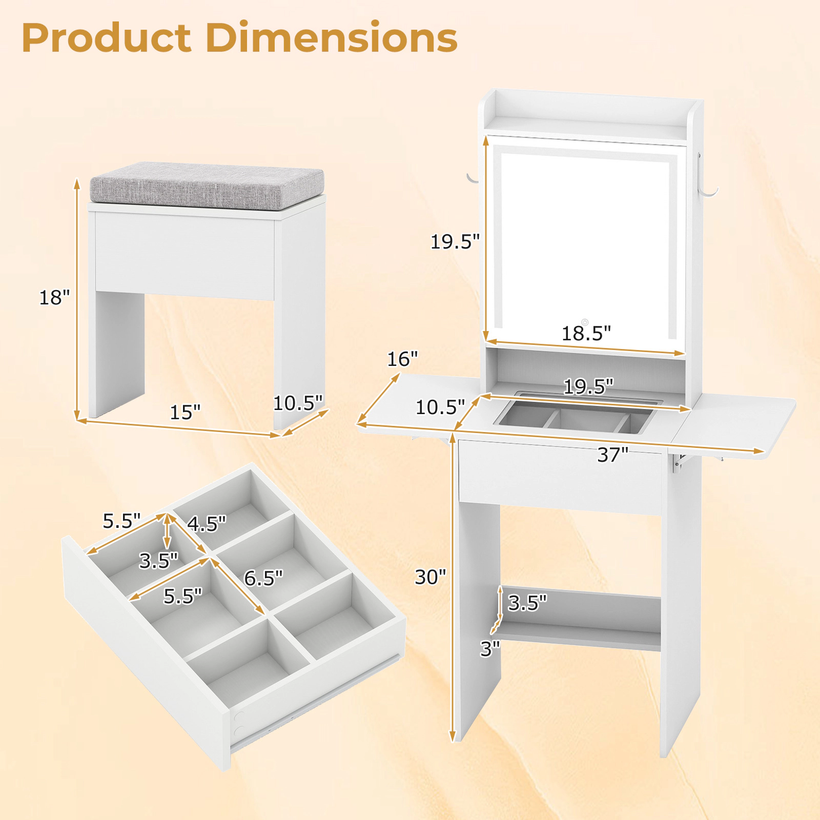 SUGIFT Space-Saving Vanity Desk with Drop-Leaf Top Expanding to 37-in Hidden Mirror Cabinet and Outlets