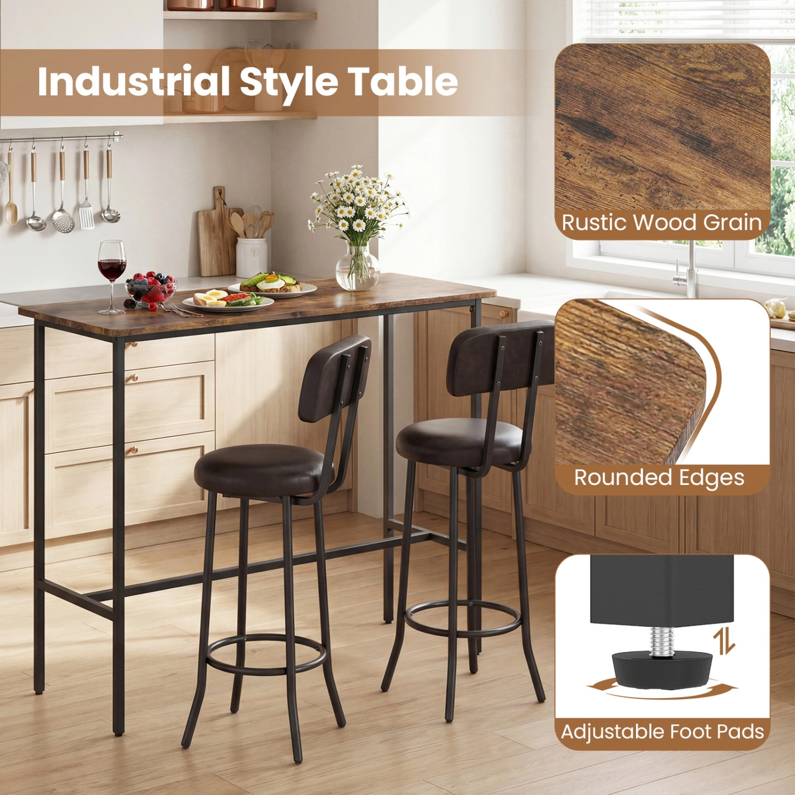 SUGIFT Industrial Bar Dining Set with 2 Upholstered Stools 220-lb Table 400-lb Chairs Rustic Brown + Black