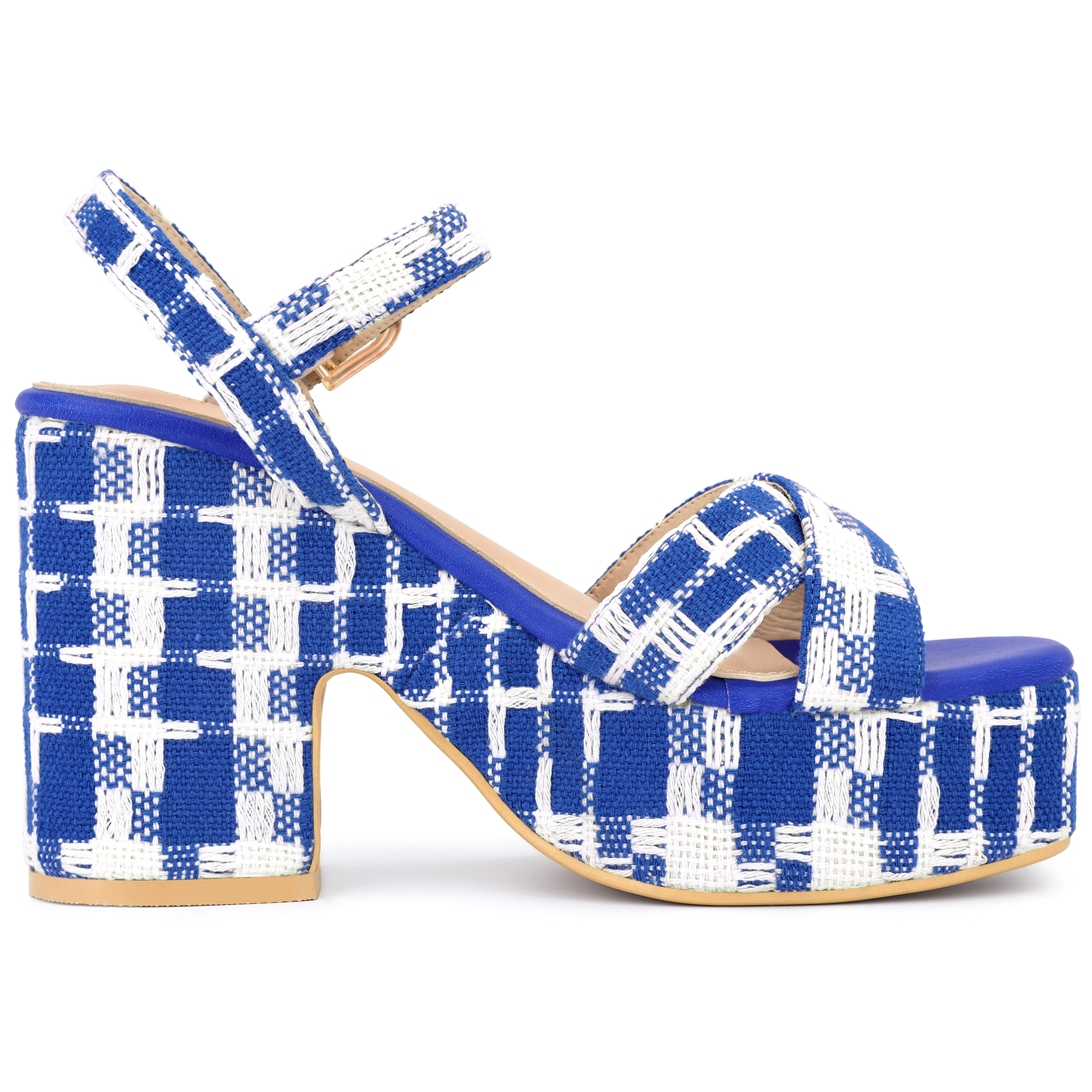 BLISSFUL STEP Women's Plaid Platform Chunky Heel Square Toe Ankle Strap Sandals