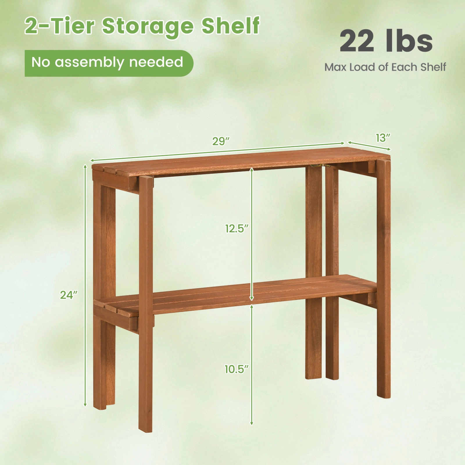 SUGIFT 2-Tier Folding Wooden Storage Shelves 22-lb Capacity per Shelf Plant Stand 29 x 13 x 24 in Natural