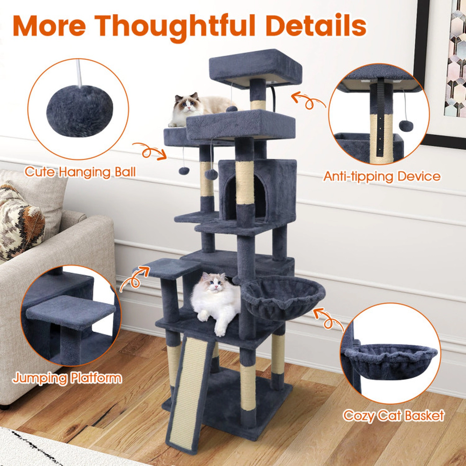 SUGIFT 65-in Tall Dark Gray Multi-Level Cat Tree with 3 Perches 2 Condos Ladder and Scratching Board
