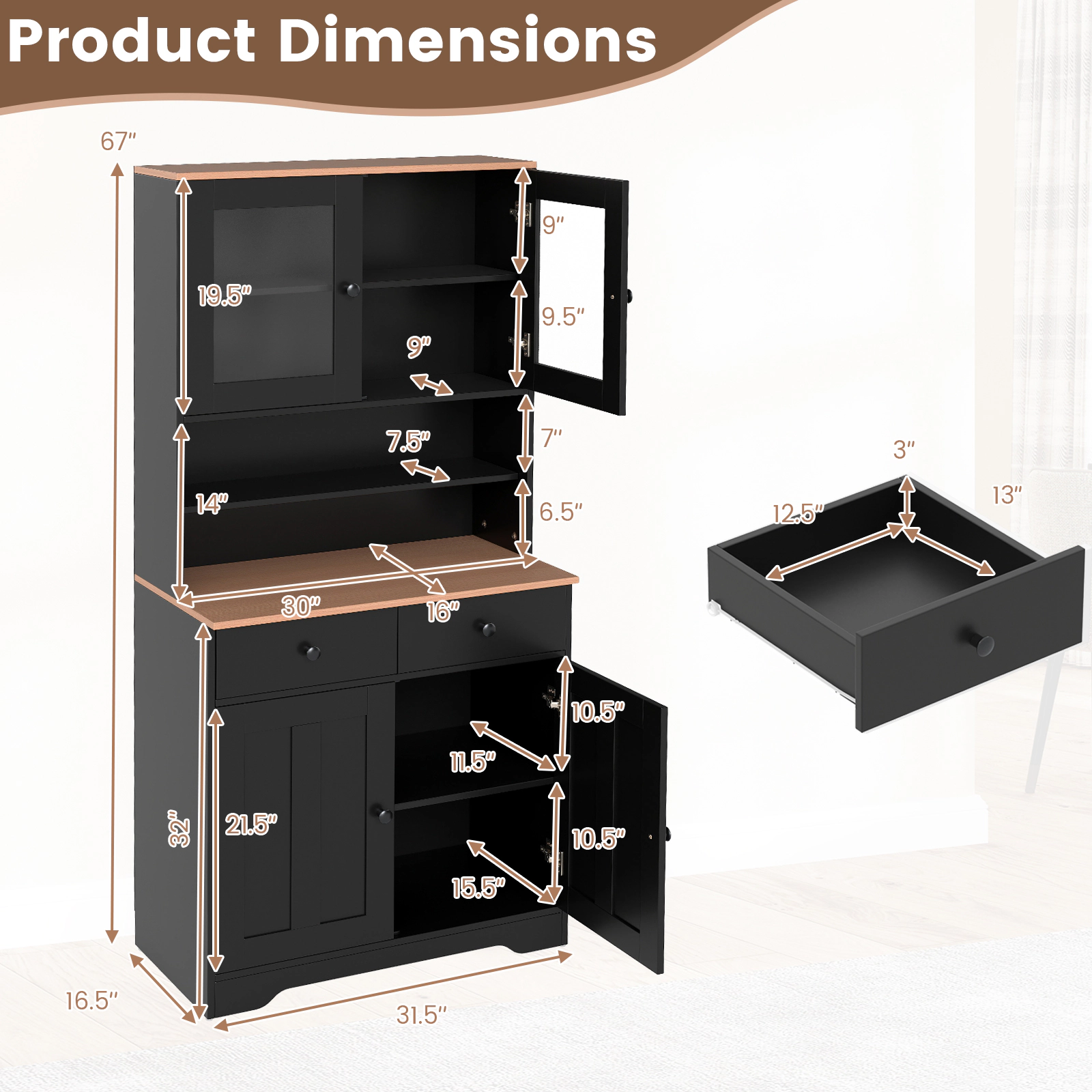 SUGIFT Pantry Storage Cabinet with 2 Shelves and Glass Doors 67-in Tall Sideboard with Drawers and Countertop Black