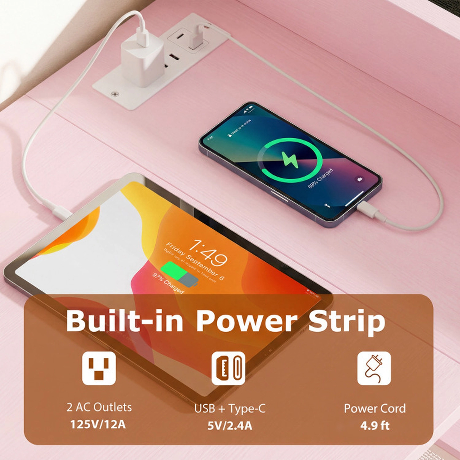 SUGIFT Pink Power Outlets Mesh Storage Shelves and Hanging Hook 48 Inch Computer Desk