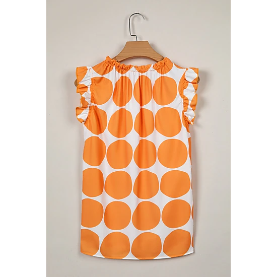Threaded Pear Womens Nayeli Frilled Shift Tank Top - Orange Polka Dot, Sleeveless, Round Neck