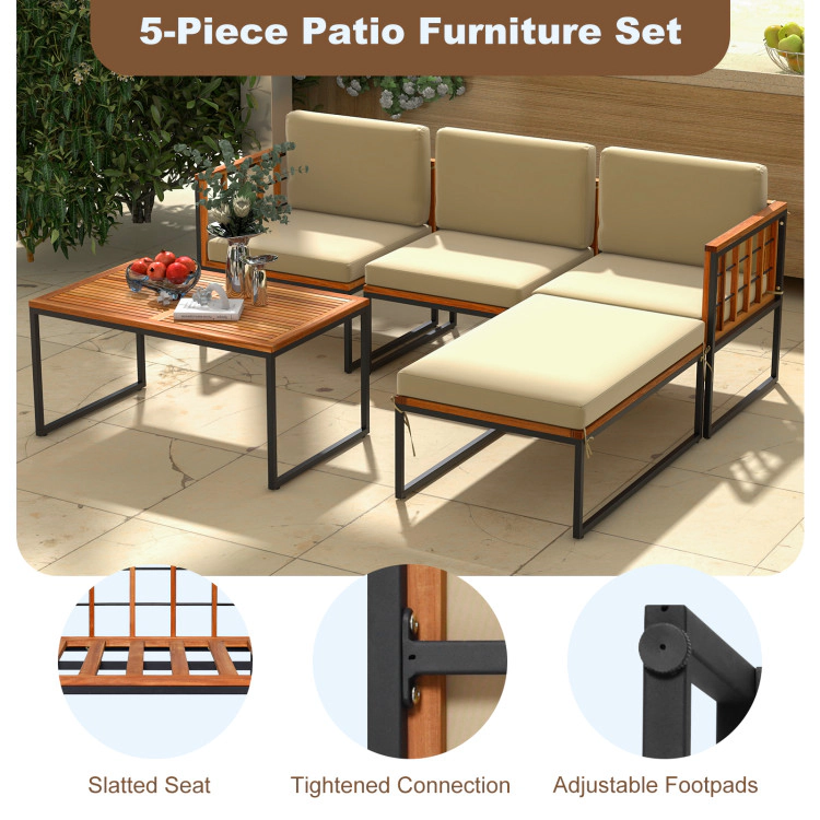 Hivvago 5 Pieces Patio Furniture Set Acacia Wood Sectional Set With Heavy-Duty Metal Frame